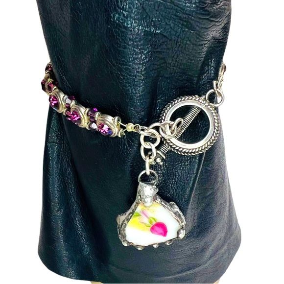 60s/70s Vintage Tennis Bracelet Repurposed with a Broken China Rose Charm Hand Crafted By Handcrafted - Image 4