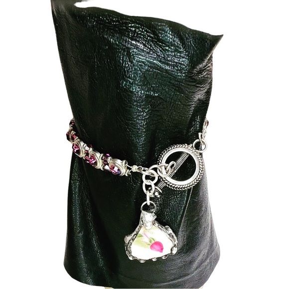 60s/70s Vintage Tennis Bracelet Repurposed with a Broken China Rose Charm Hand Crafted By Handcrafted - Image 7