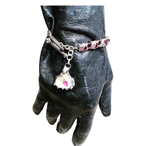 60s/70s Vintage Tennis Bracelet Repurposed with a Broken China Rose Charm Hand Crafted By Handcrafted - Image 8