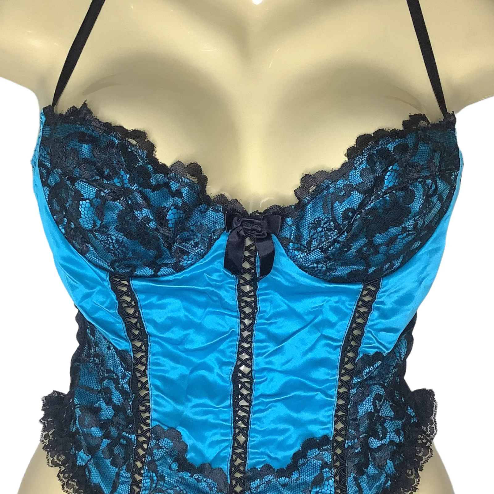 Vintage Thong Teddy Xs/s Teal Satin Garter Ruffle Lace Sheer Back Hi Cut 80s 90s - Image 5
