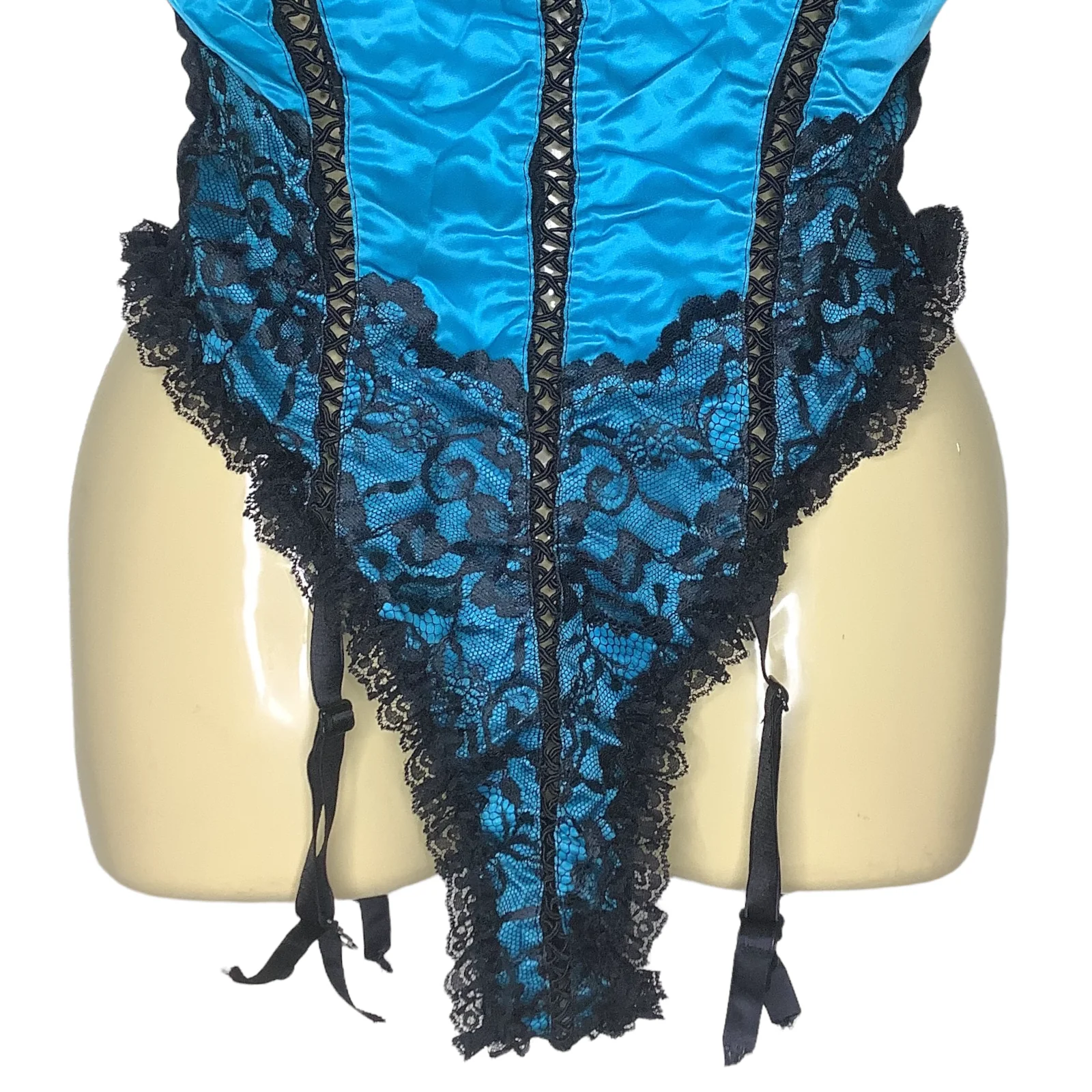 Vintage Thong Teddy Xs/s Teal Satin Garter Ruffle Lace Sheer Back Hi Cut 80s 90s - Image 6