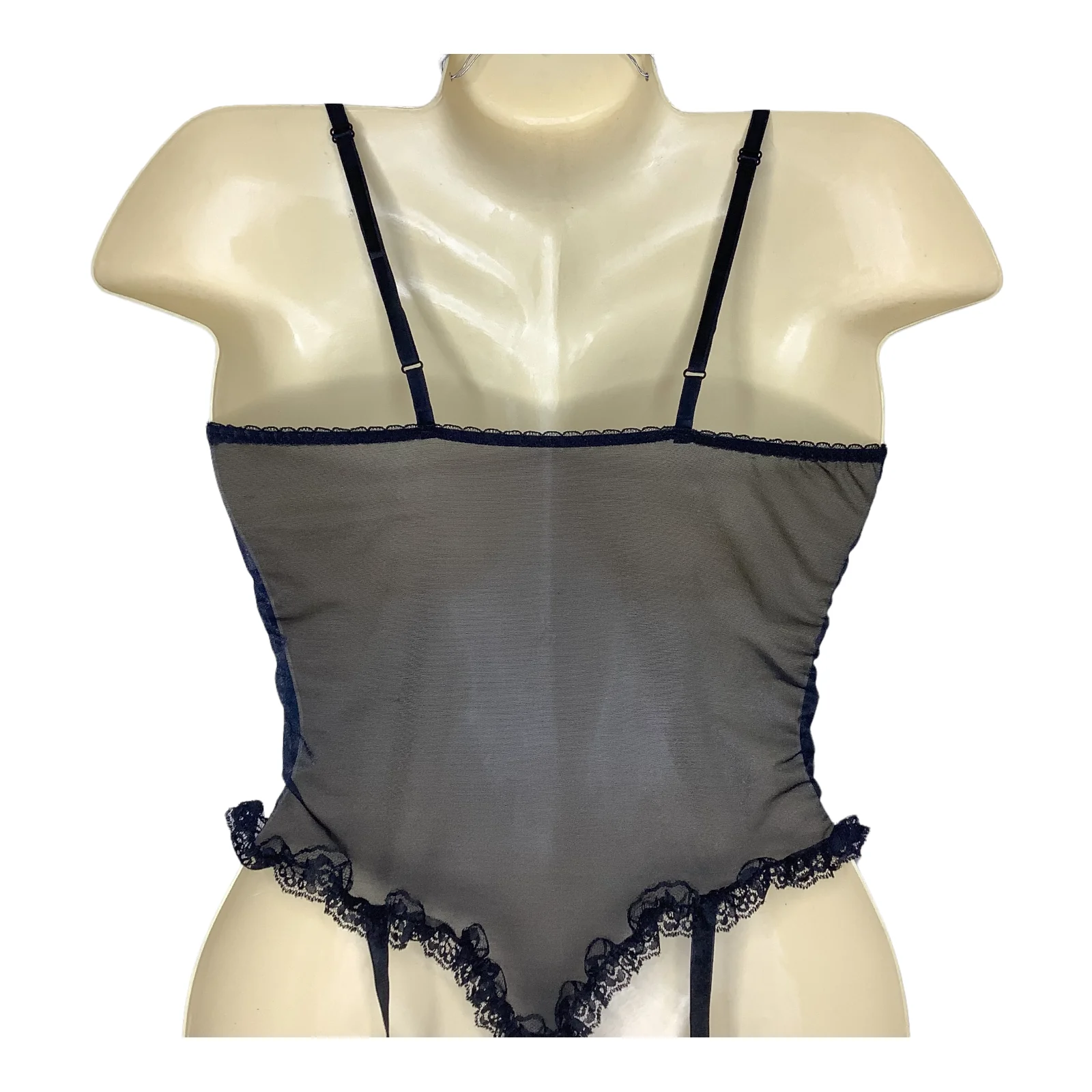 Vintage Thong Teddy Xs/s Teal Satin Garter Ruffle Lace Sheer Back Hi Cut 80s 90s - Image 8