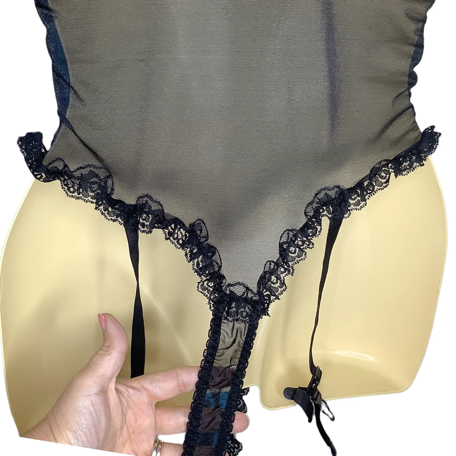 Vintage Thong Teddy Xs/s Teal Satin Garter Ruffle Lace Sheer Back Hi Cut 80s 90s - Image 9