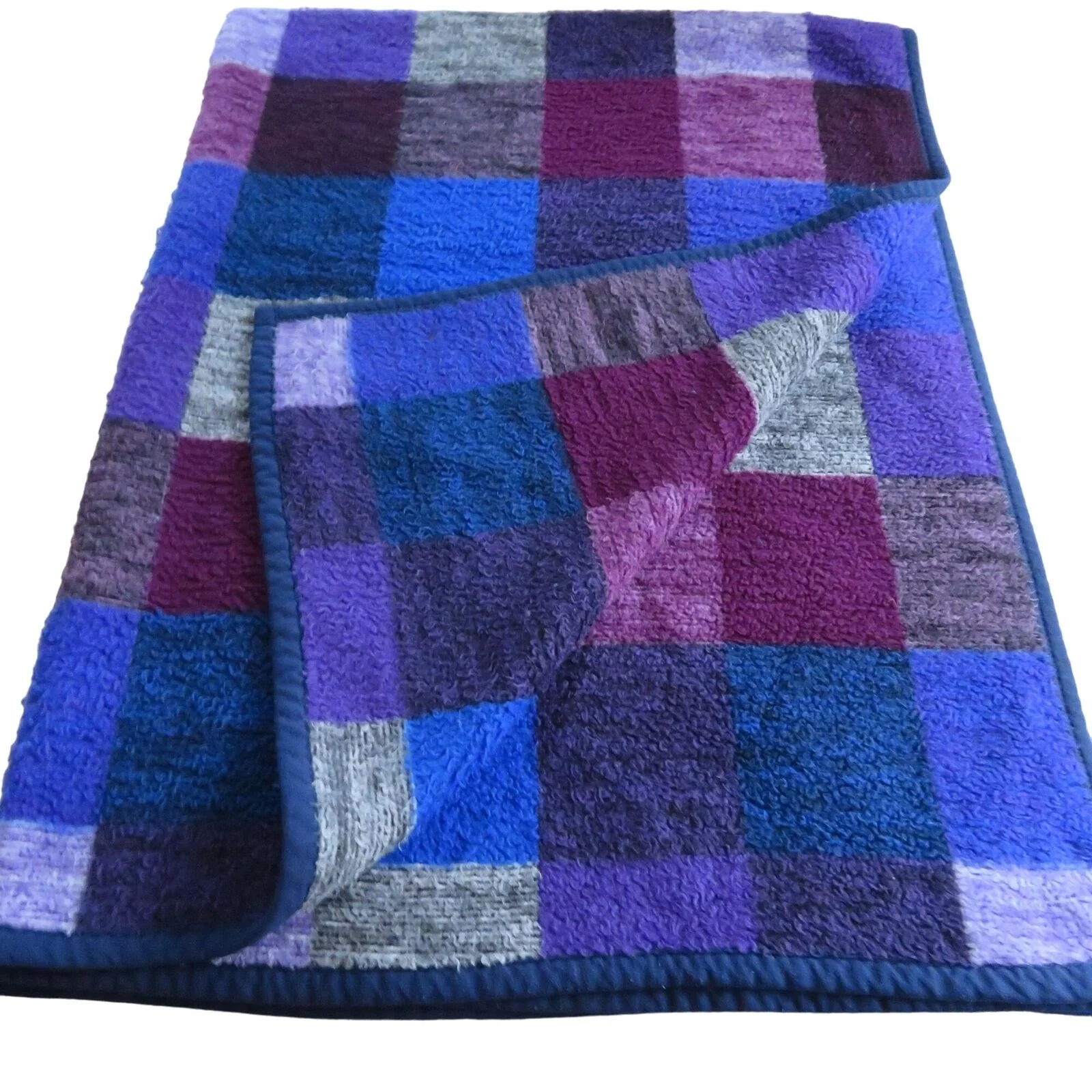 Vintage Throw Blanket Blue Purple Check Reversible Made In Usa by Biederlack - Image 3
