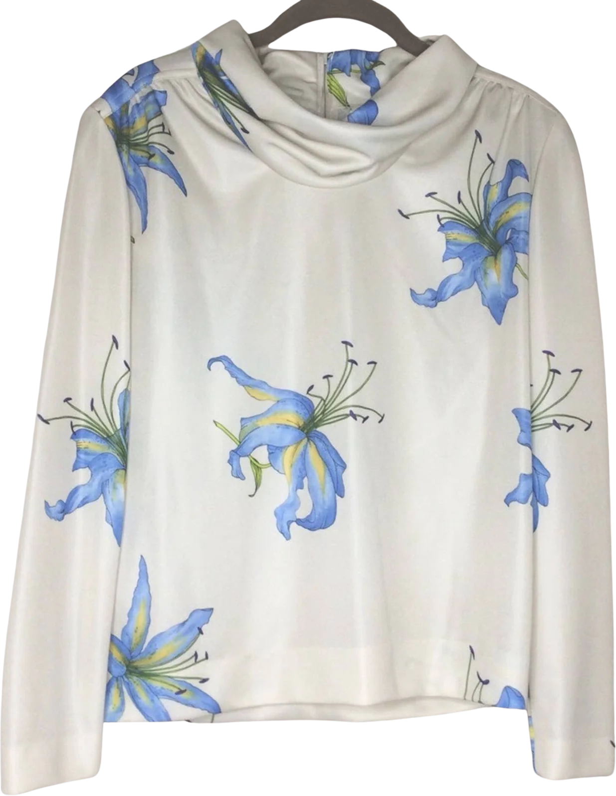Vintage Top 70s 80s Floral Blue Iris Cowl Neck Secretary Zip Up Long Sleeve