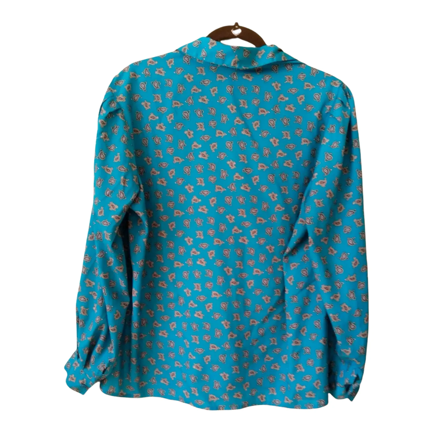 Vintage Top 70s 80s Secretary Disco Teal Button Up Long Sleeve Paisley Pleated - Image 2