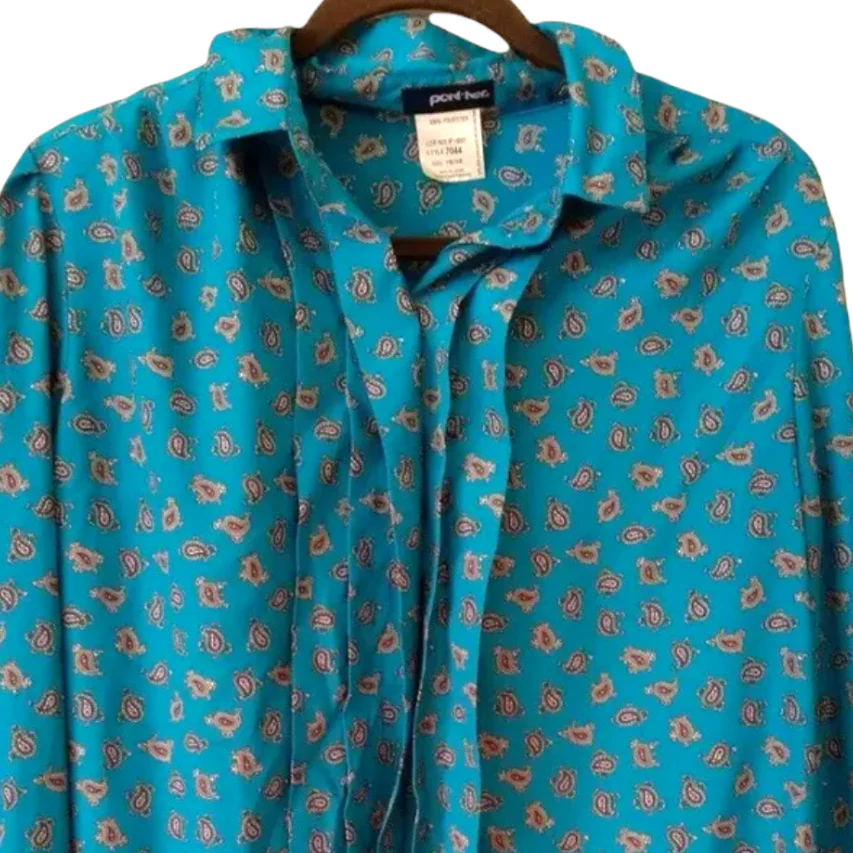 Vintage Top 70s 80s Secretary Disco Teal Button Up Long Sleeve Paisley Pleated - Image 5