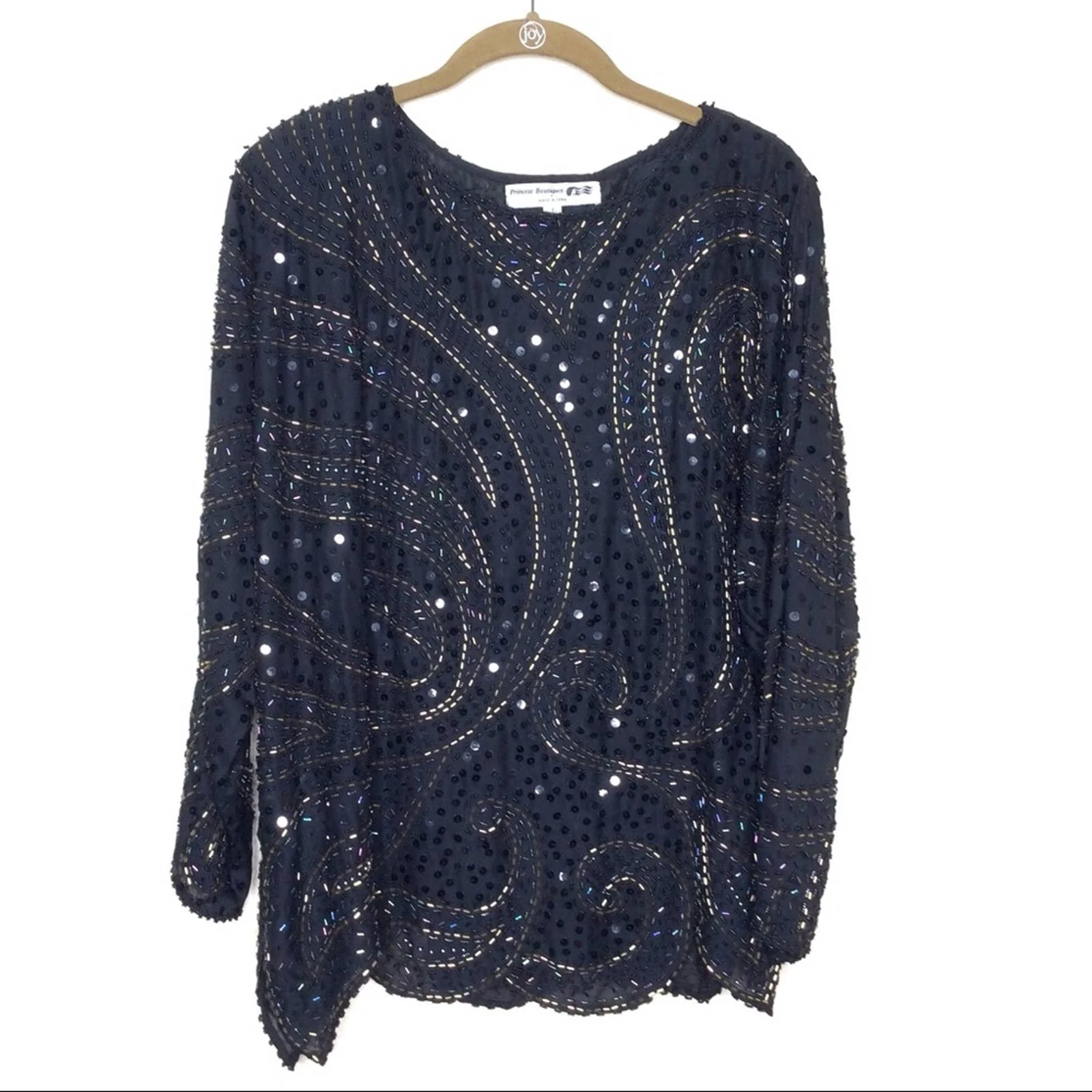 Vintage Top 80s 90s Beaded Sequin Paisley Shoulder Pads Black Gold Long Sleeve - Image 10