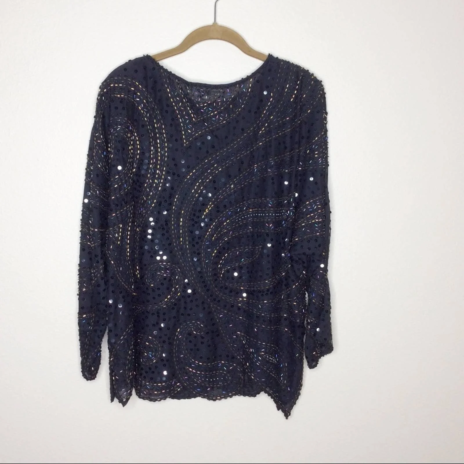 Vintage Top 80s 90s Beaded Sequin Paisley Shoulder Pads Black Gold Long Sleeve - Image 3