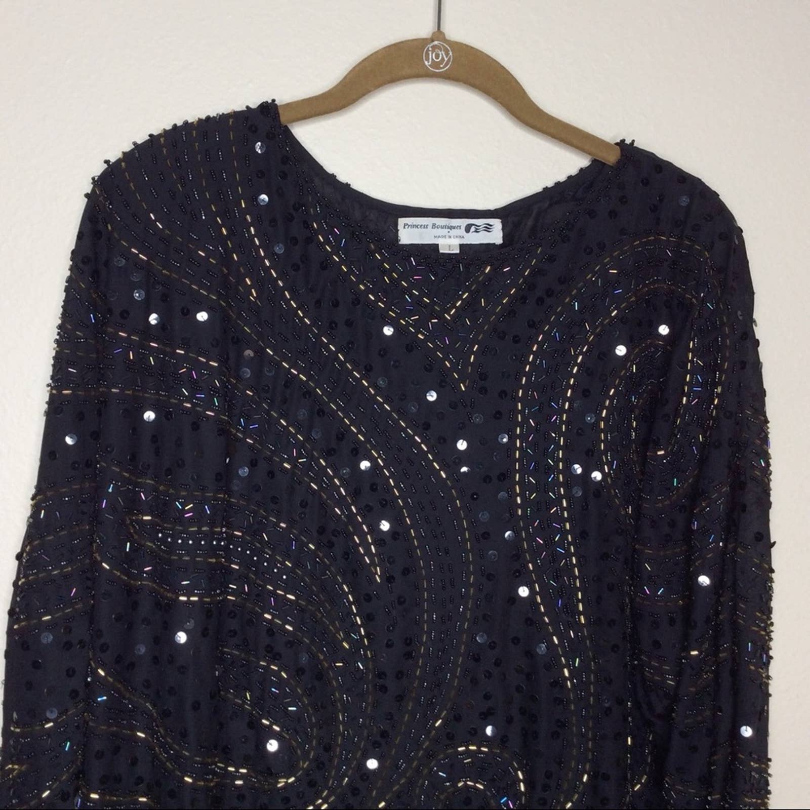 Vintage Top 80s 90s Beaded Sequin Paisley Shoulder Pads Black Gold Long Sleeve - Image 7