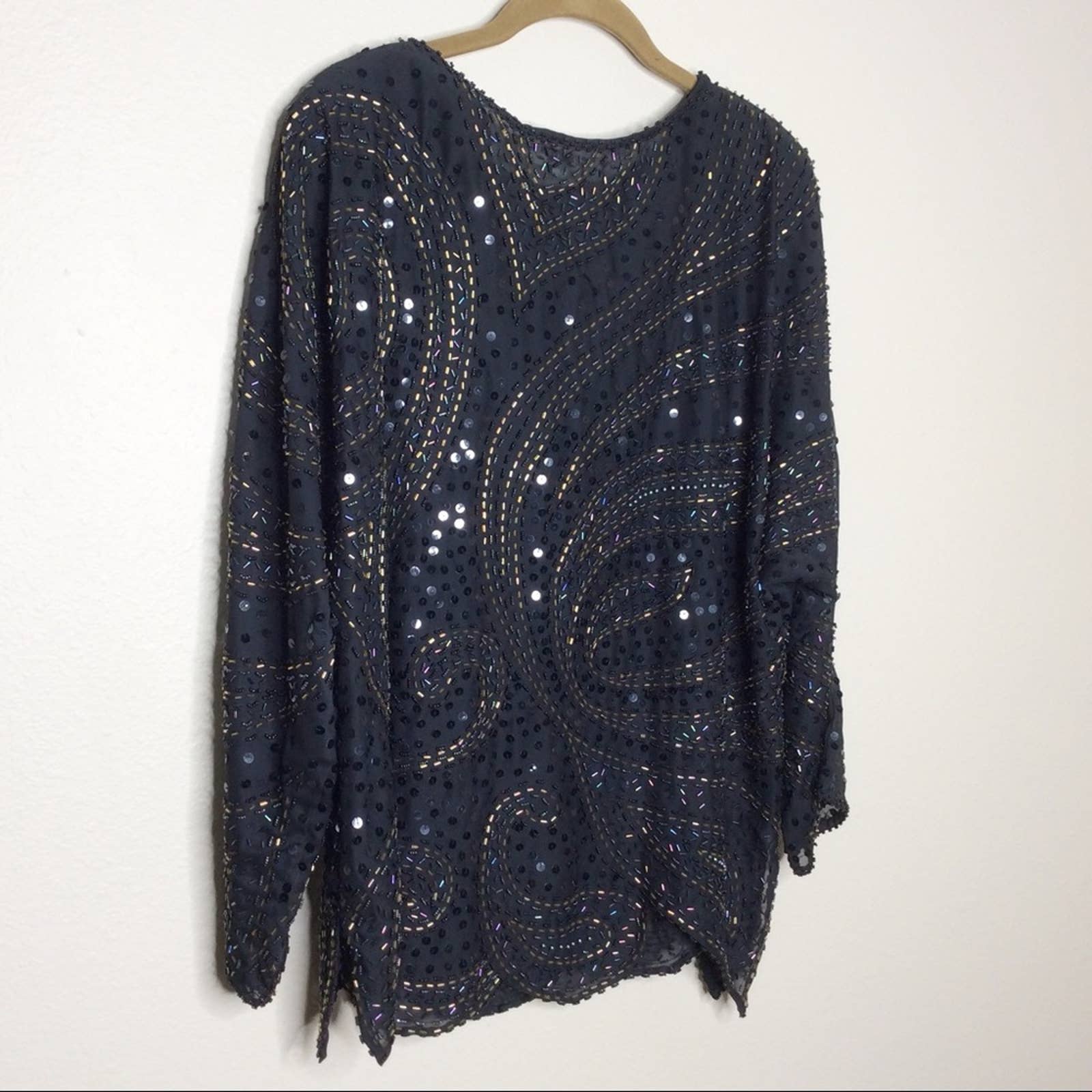 Vintage Top 80s 90s Beaded Sequin Paisley Shoulder Pads Black Gold Long Sleeve - Image 9