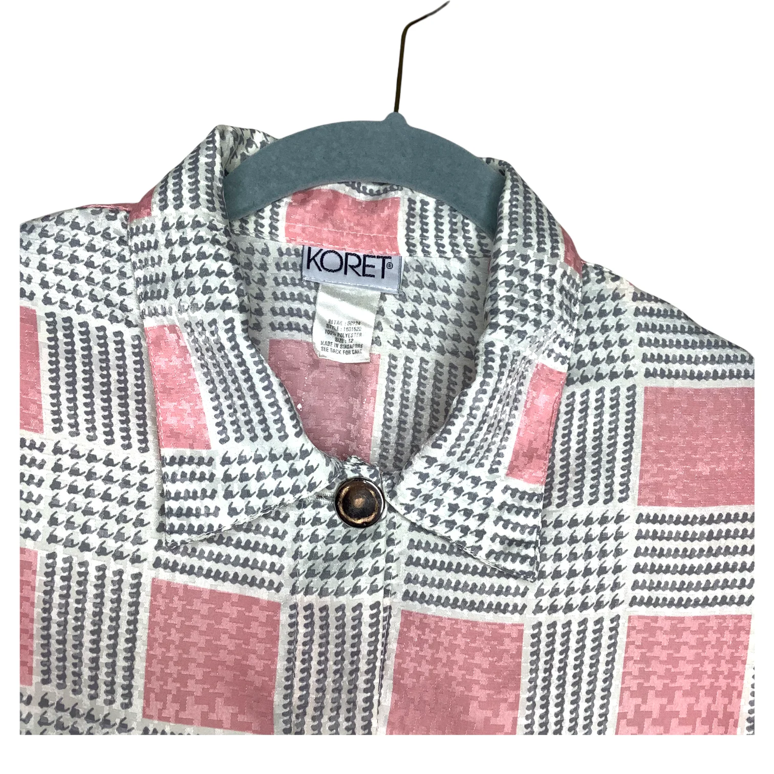 Vintage Top 80s 90s Large Windowpane Plaid Embossed Print Pink Gray Long Sleeve - Image 4