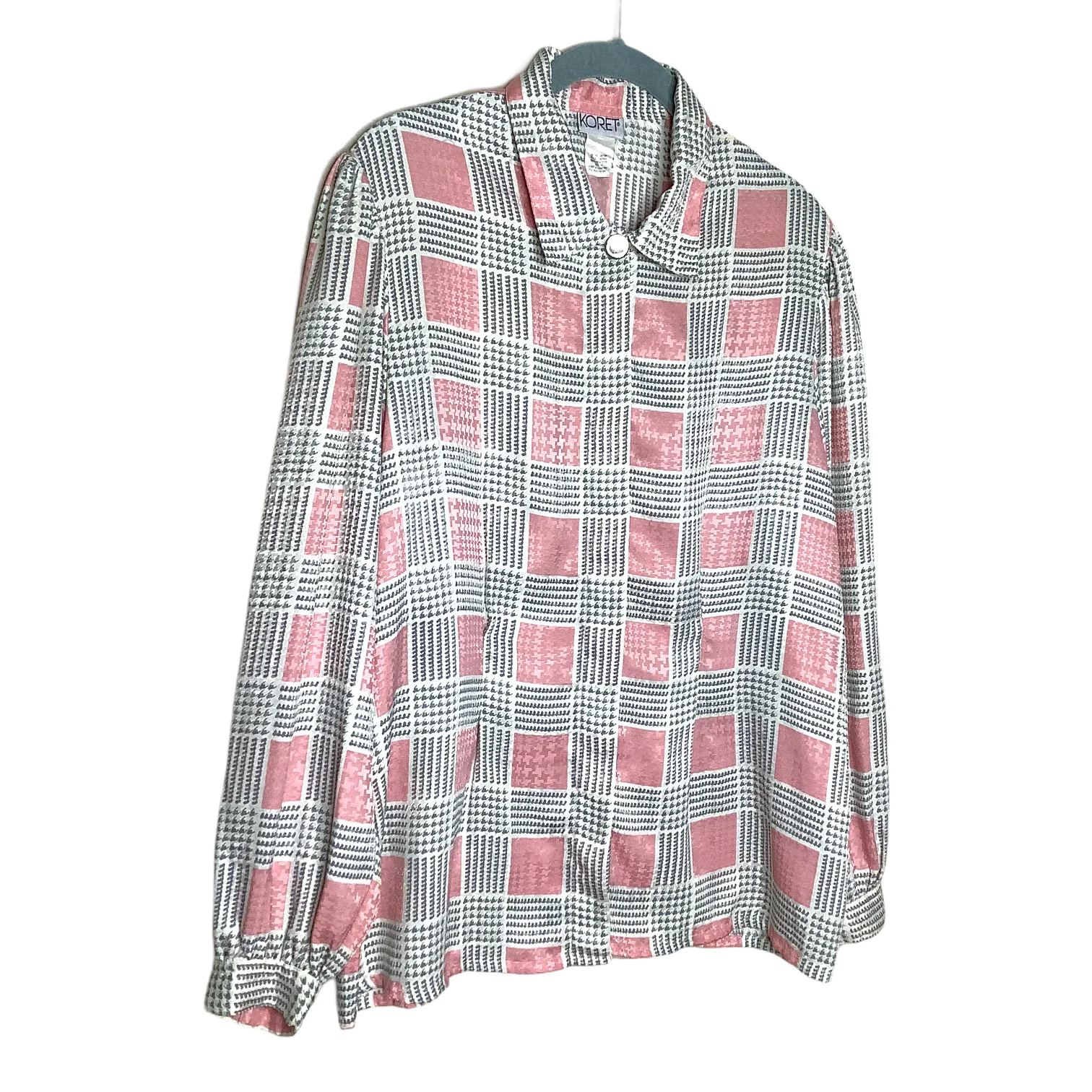Vintage Top 80s 90s Large Windowpane Plaid Embossed Print Pink Gray Long Sleeve - Image 7