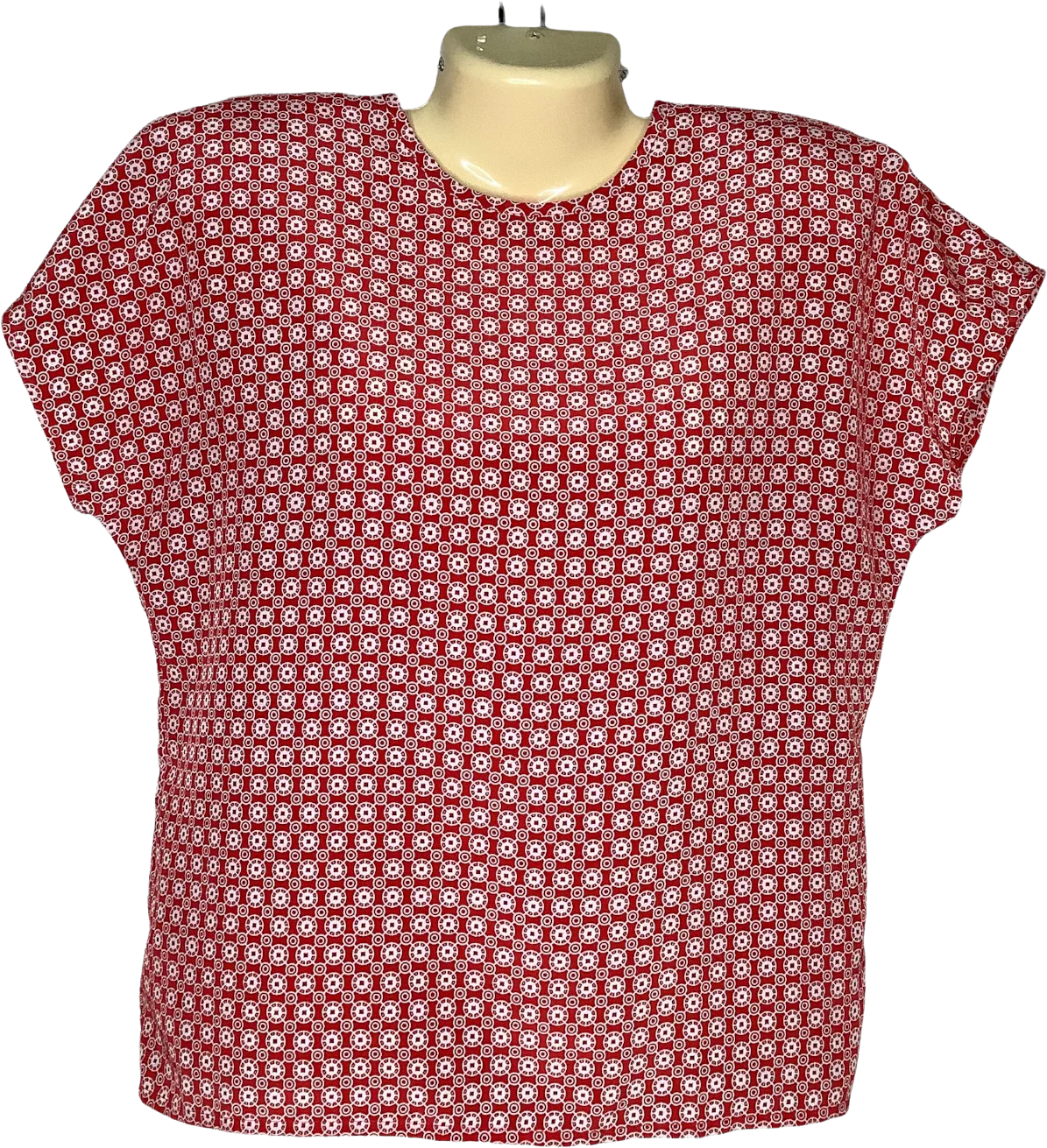 Vintage Top 80s 90s Short Dolman Sleeve M Red White Boxy Geo Print Shoulder Pads