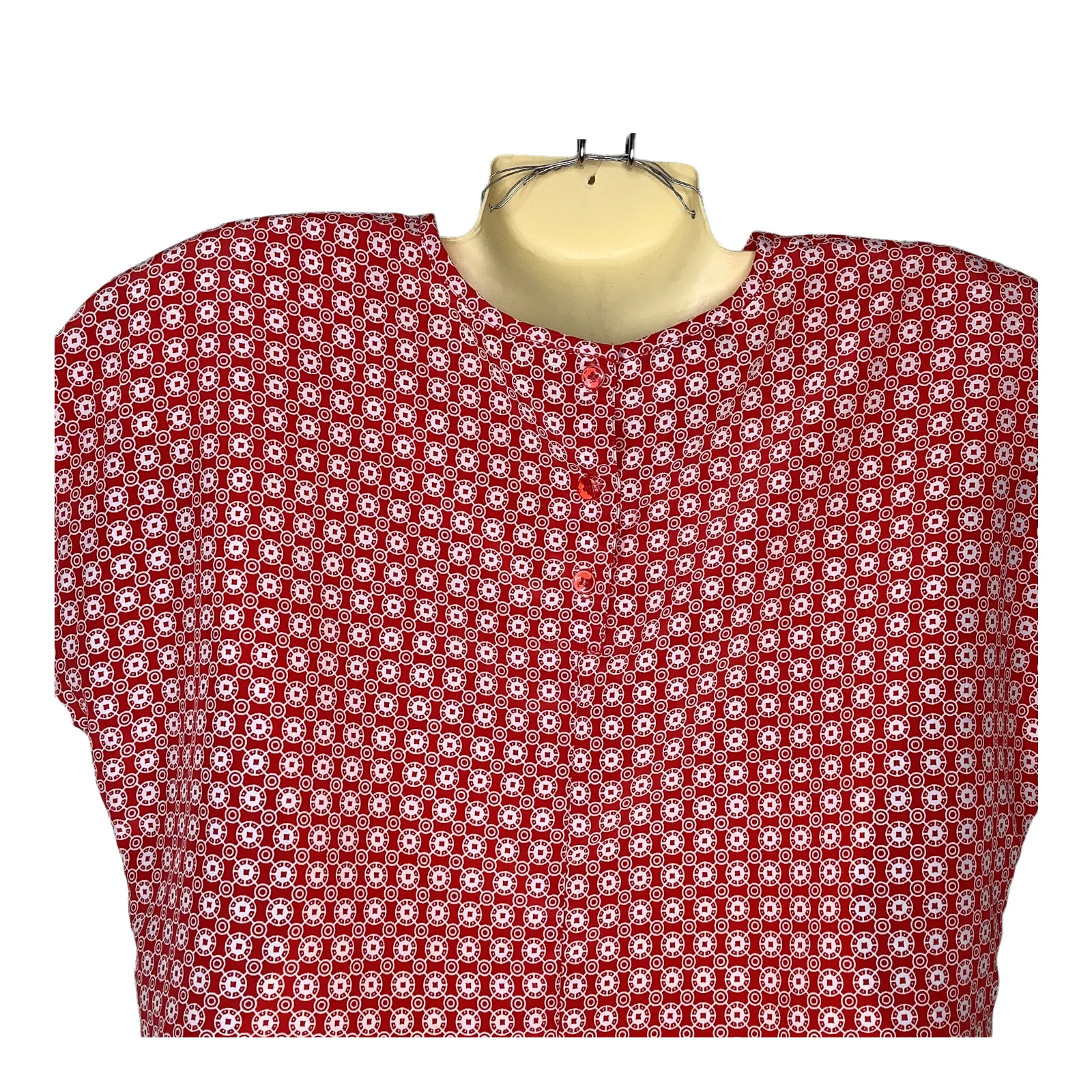 Vintage Top 80s 90s Short Dolman Sleeve M Red White Boxy Geo Print Shoulder Pads - Image 5