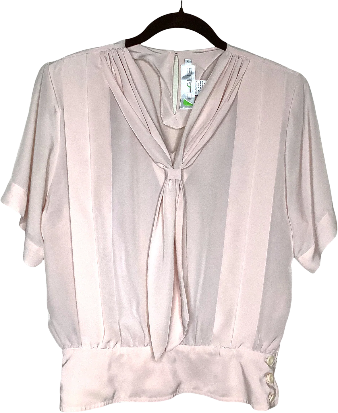 Vintage Top 80s Pastel Pleated Tie Neck Short Sleeve Semi Sheer Button Waist M/l
