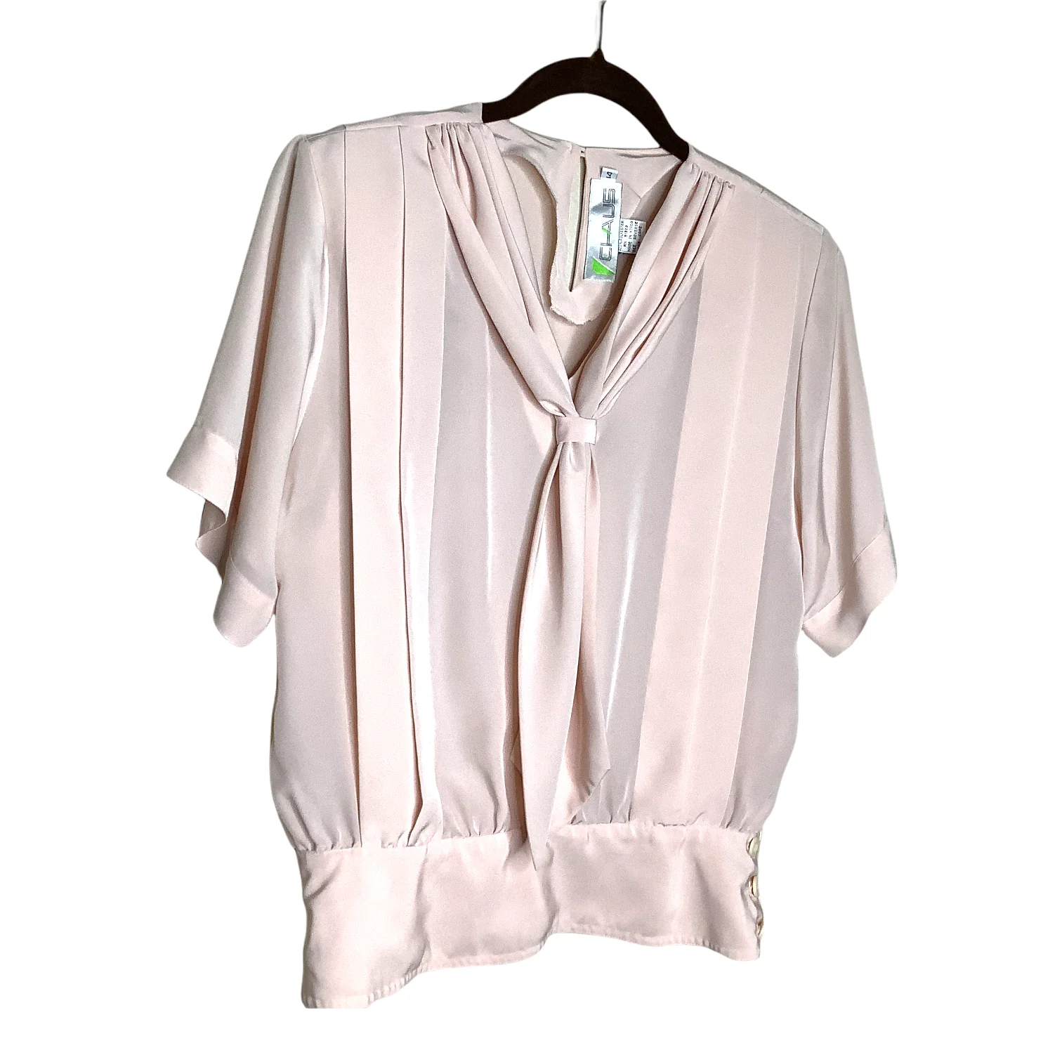 Vintage Top 80s Pastel Pleated Tie Neck Short Sleeve Semi Sheer Button Waist M/l - Image 6