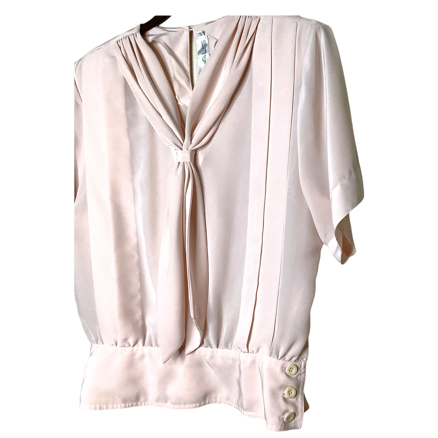 Vintage Top 80s Pastel Pleated Tie Neck Short Sleeve Semi Sheer Button Waist M/l - Image 7