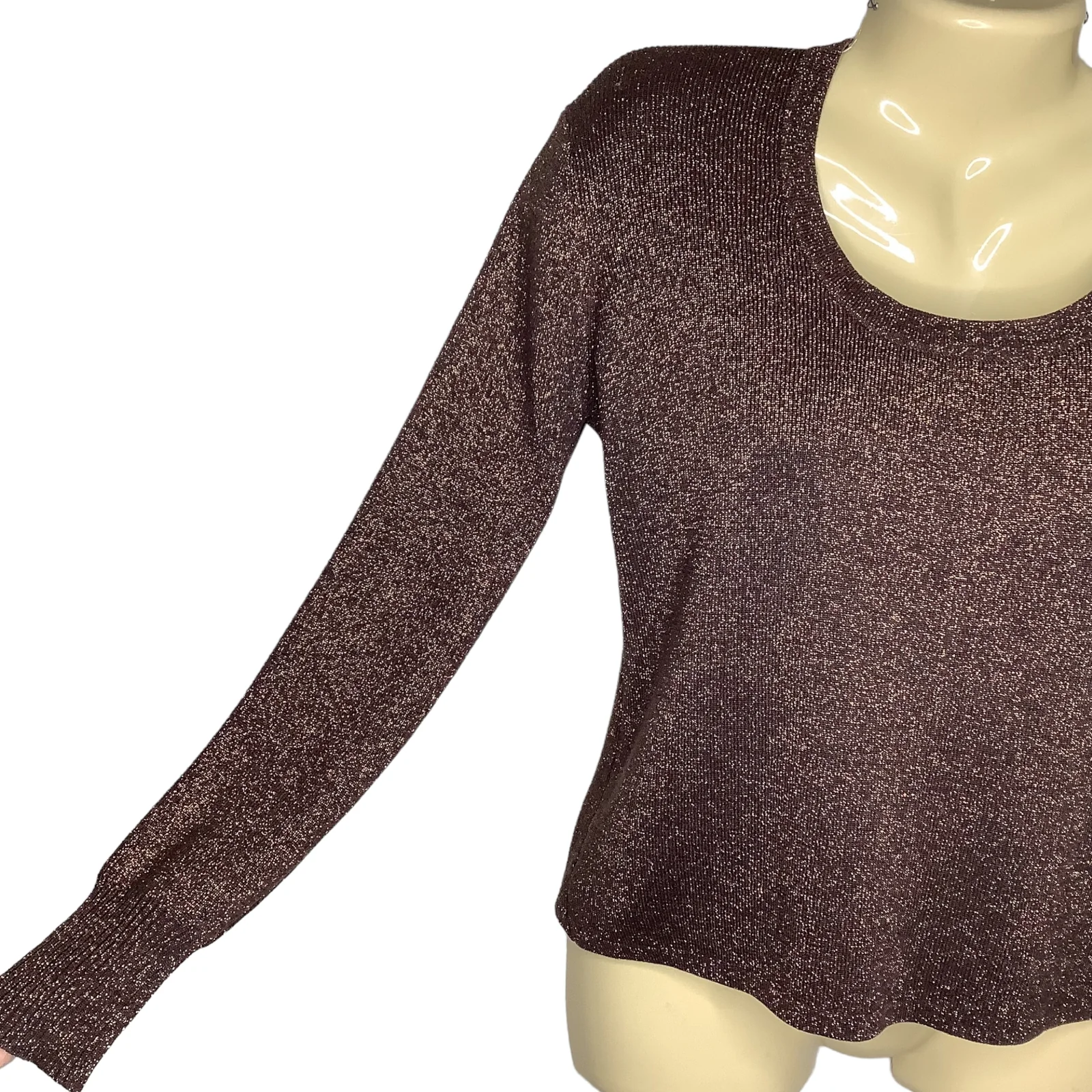 Vintage Top 90s 00s Medium Bronze Silk Metallic Knit Sparkle Long Sleeve Glam M by Joseph A - Image 5