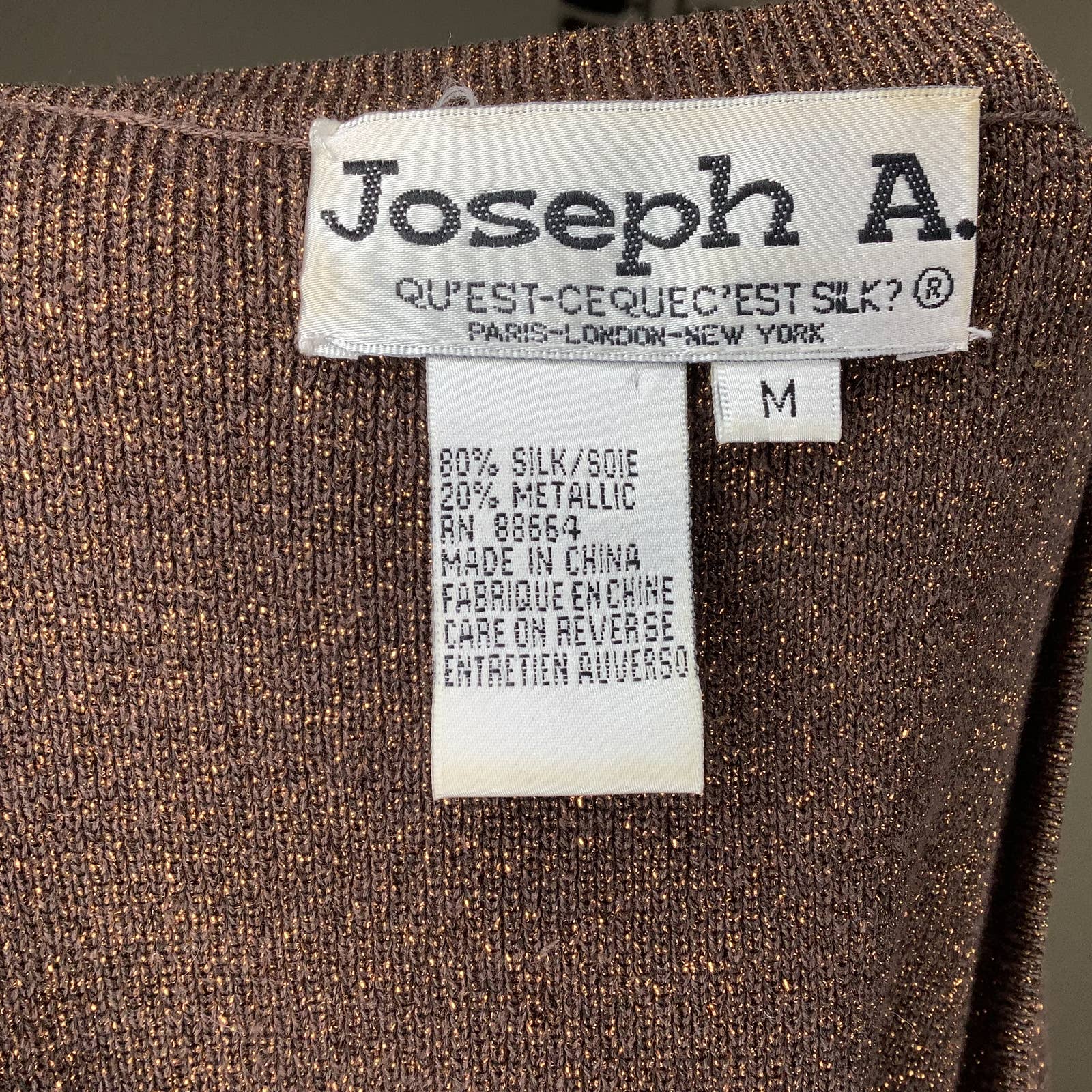 Vintage Top 90s 00s Medium Bronze Silk Metallic Knit Sparkle Long Sleeve Glam M by Joseph A - Image 6