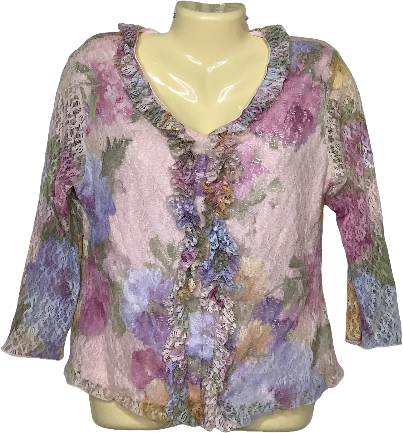 Vintage Top 90s 00s Medium Lace Ruffle Front Floral Pastel Fairy Romantic Crop M by Vanilla