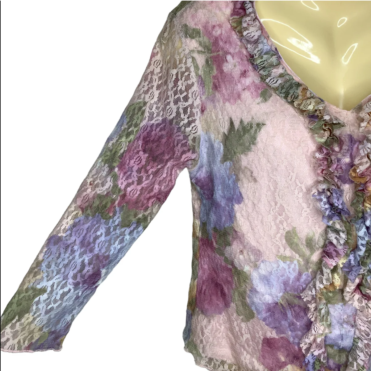 Vintage Top 90s 00s Medium Lace Ruffle Front Floral Pastel Fairy Romantic Crop M by Vanilla - Image 6