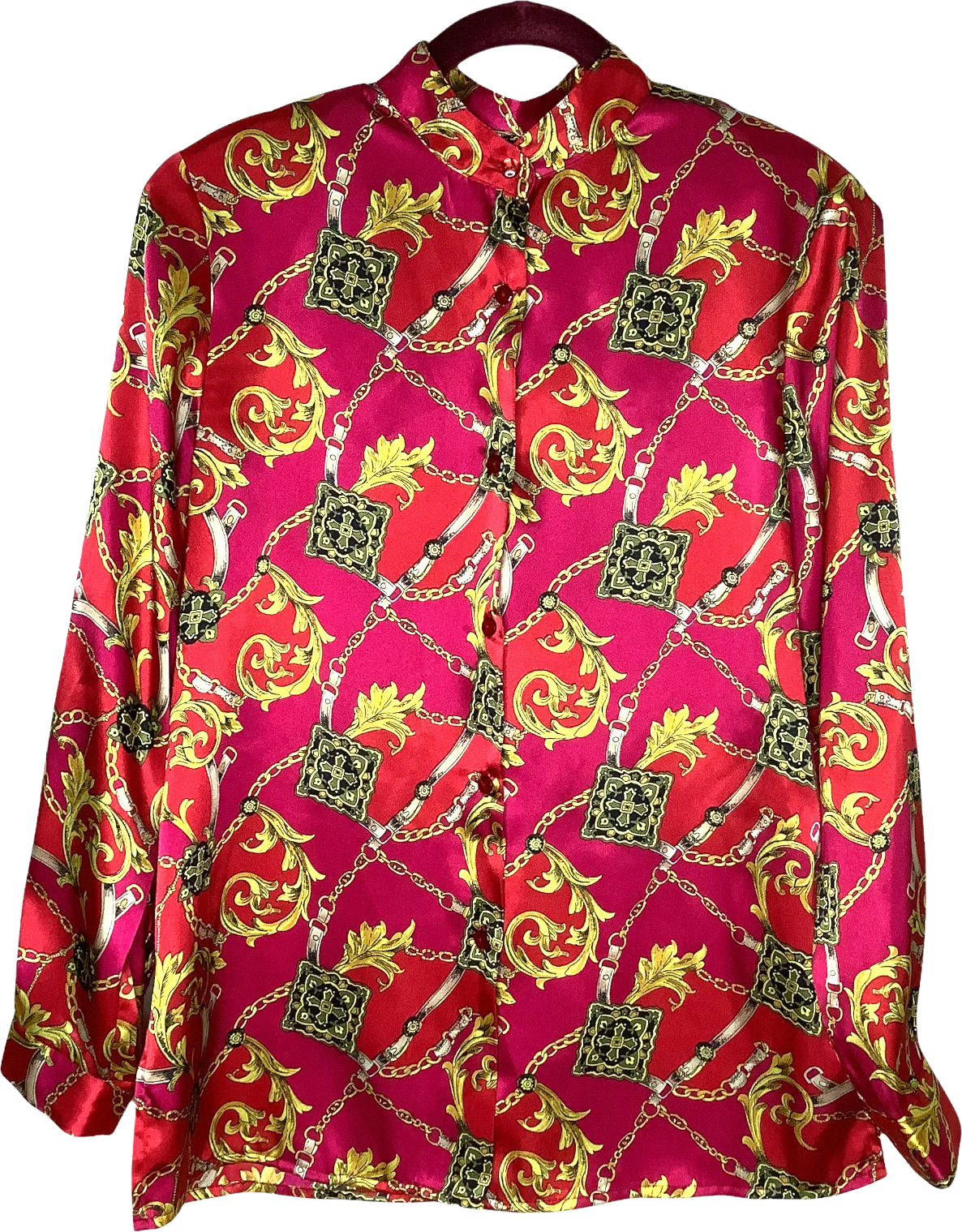 Vintage Top 90s Bright Mix Print Chain Band-Collar Long Sleeve Satiny Silky