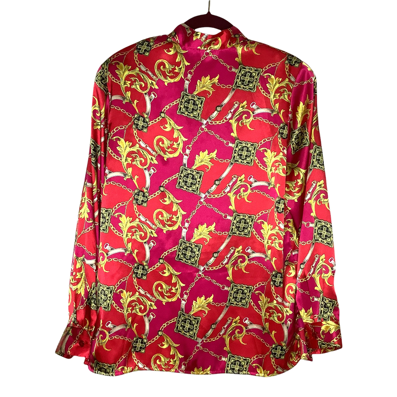 Vintage Top 90s Bright Mix Print Chain Band-Collar Long Sleeve Satiny Silky - Image 2