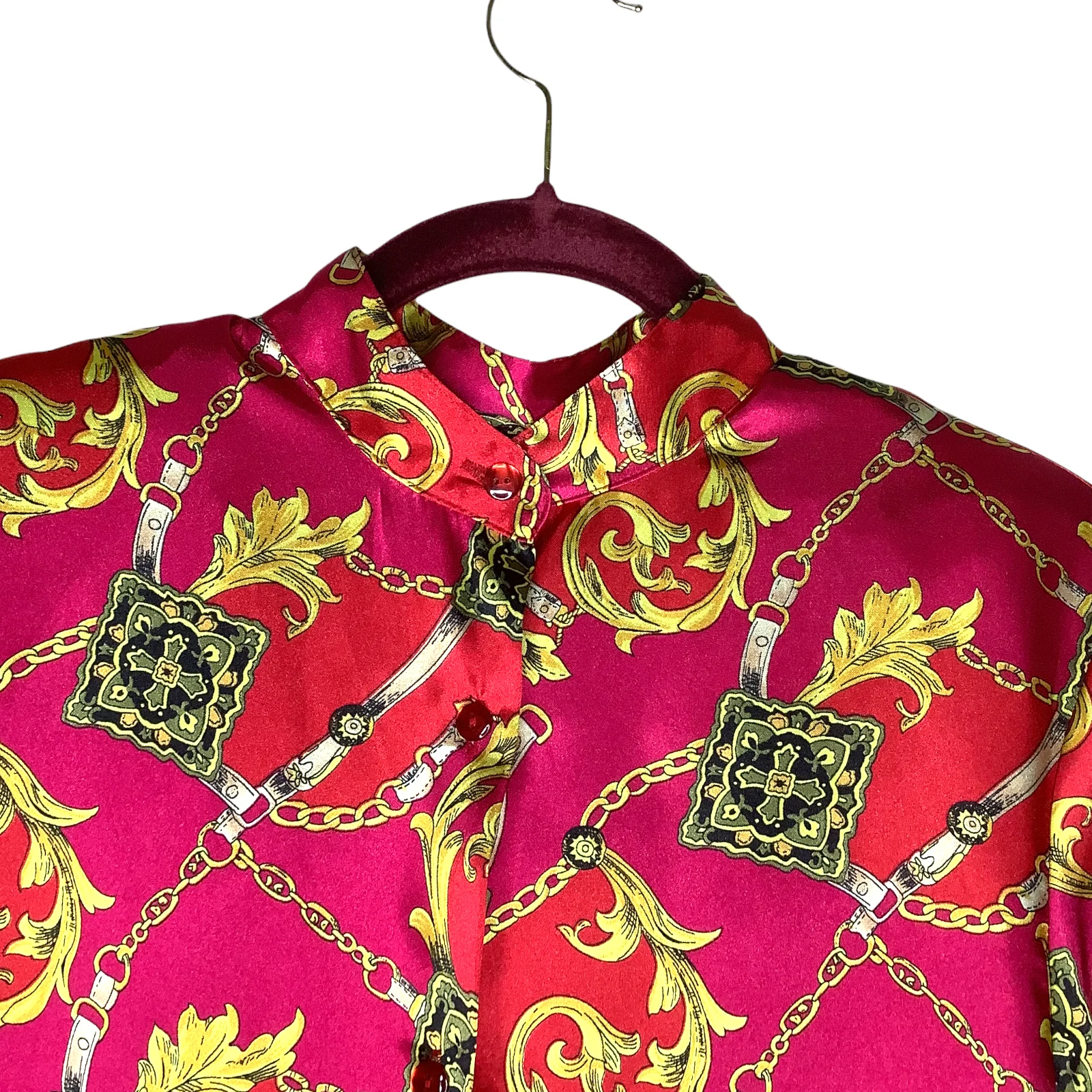 Vintage Top 90s Bright Mix Print Chain Band-Collar Long Sleeve Satiny Silky - Image 3