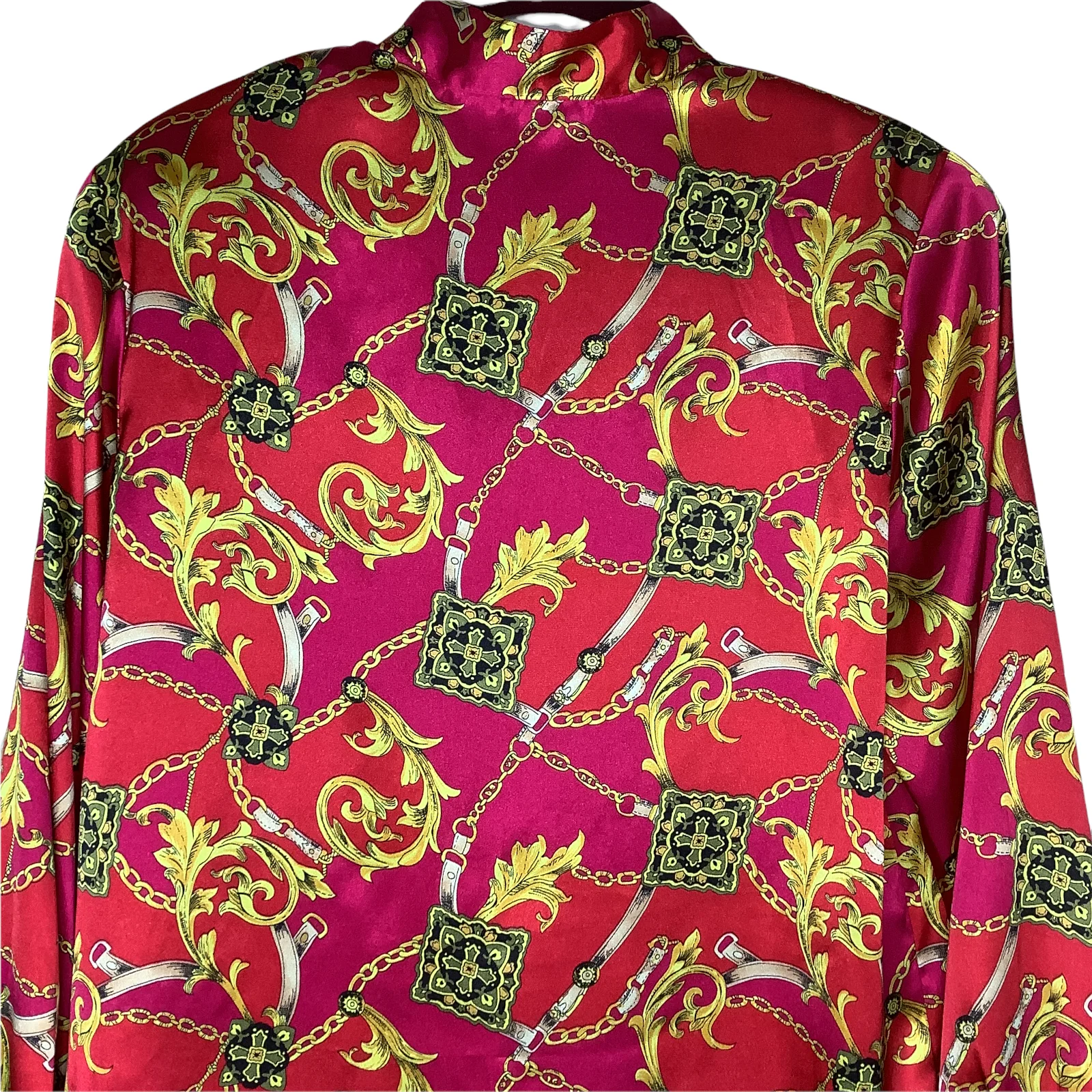 Vintage Top 90s Bright Mix Print Chain Band-Collar Long Sleeve Satiny Silky - Image 5