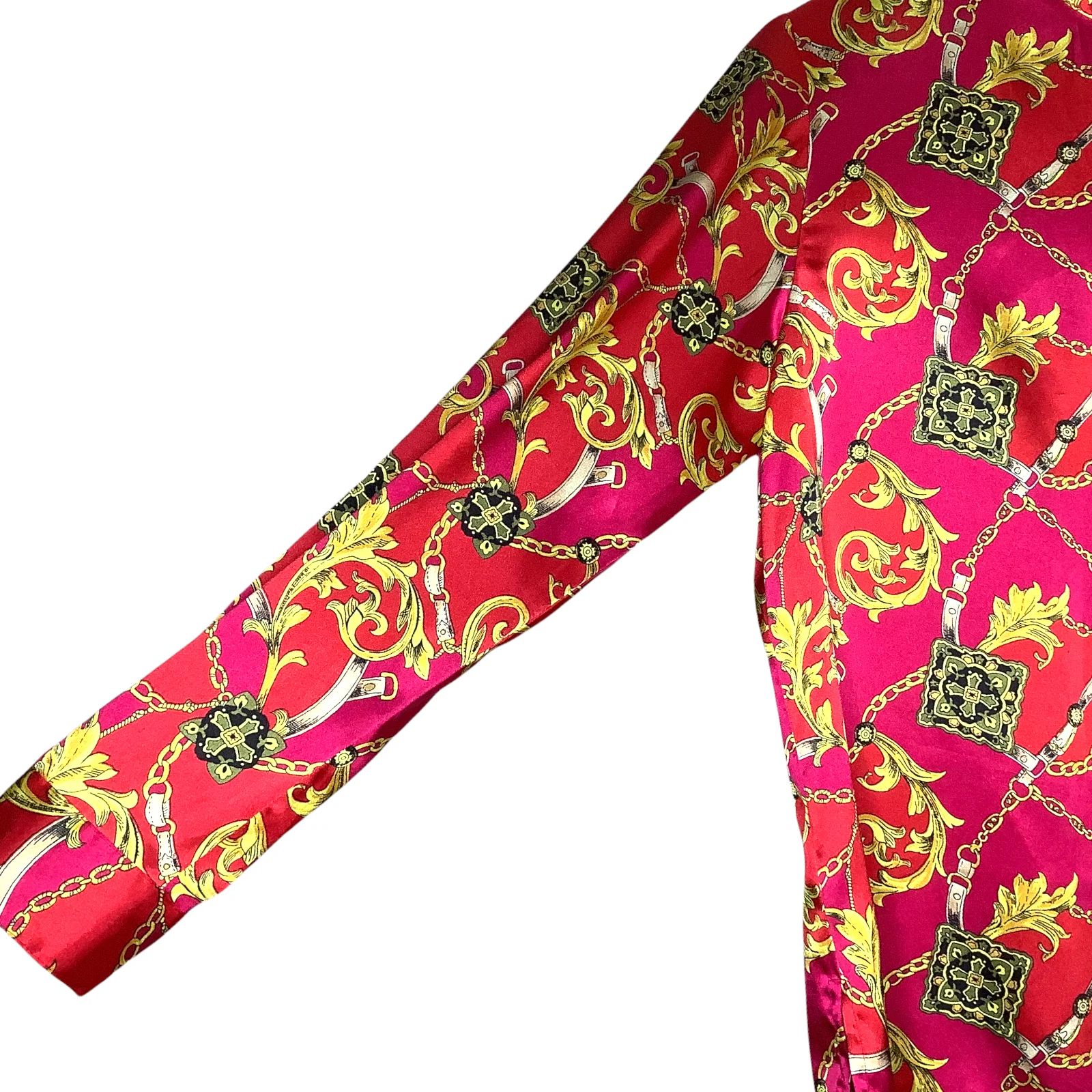 Vintage Top 90s Bright Mix Print Chain Band-Collar Long Sleeve Satiny Silky - Image 7