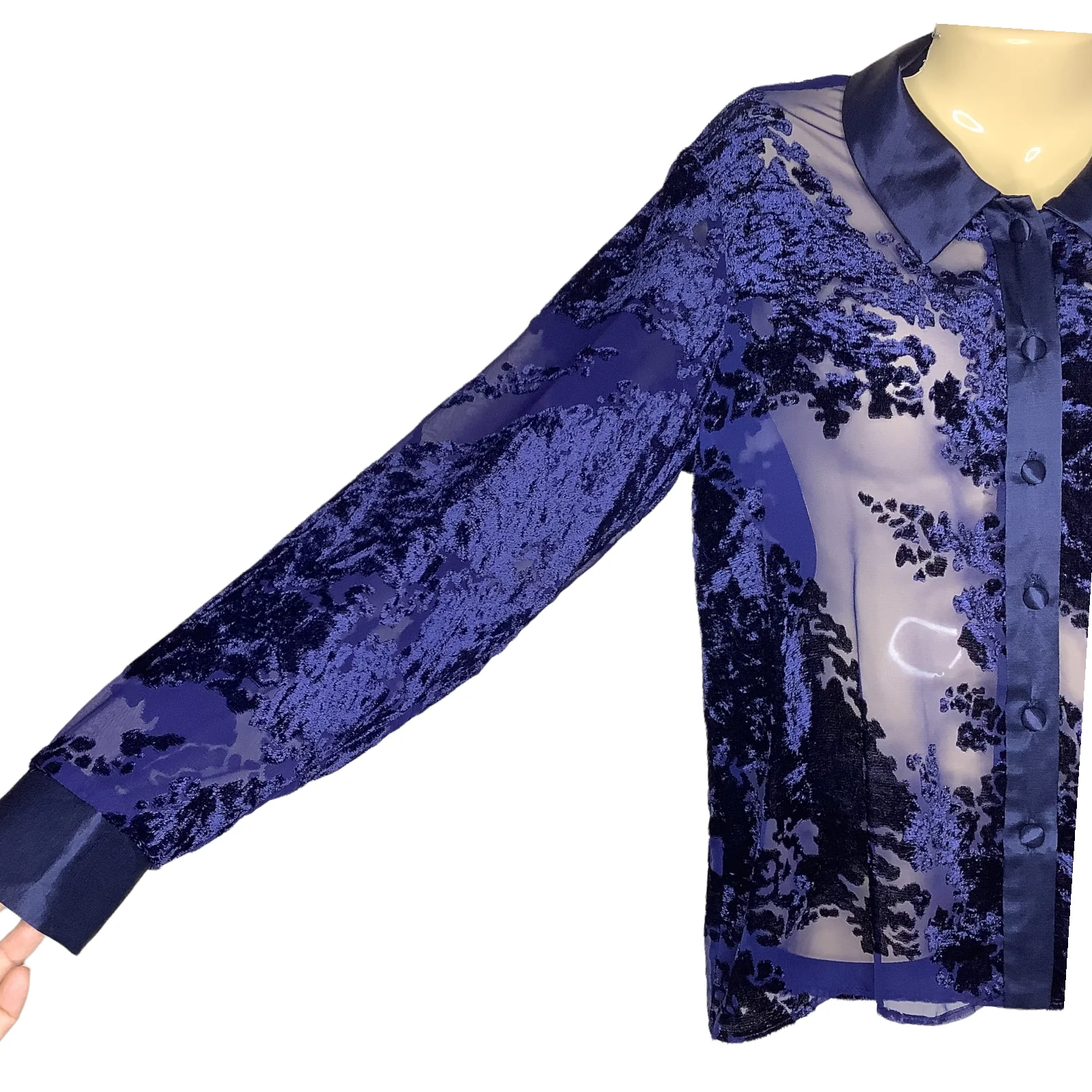Vintage Top S/m Floral Velvet Velour Sheer Chiffon Satin Trim Button Up 90s 00s by Expo - Image 5