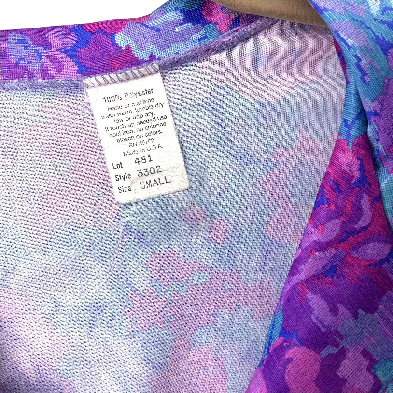 Vintage Top Small 70s 80s Blue Purple Psychedelic Floral 3/4 Roll Tab Sleeve S - Image 4