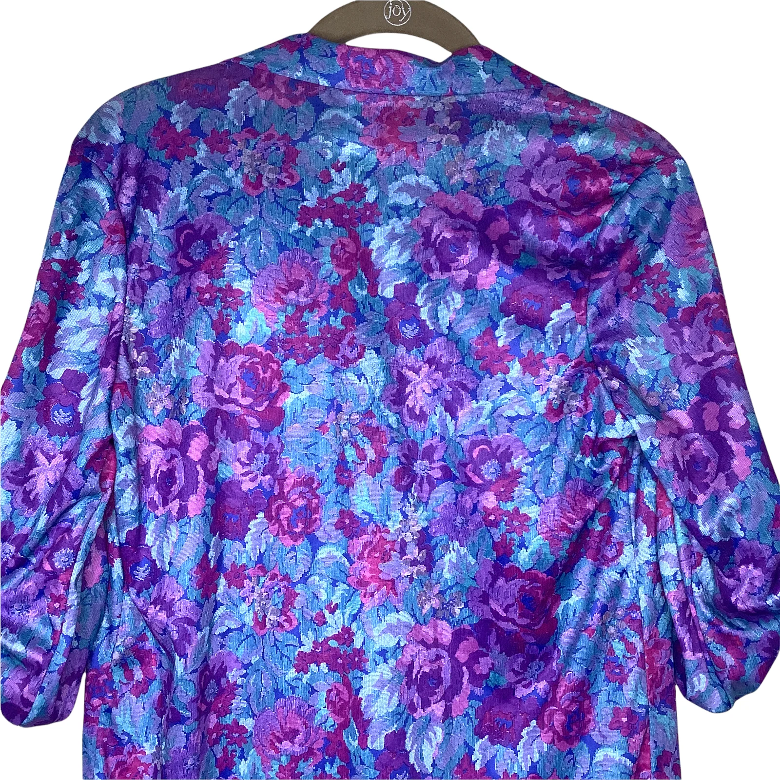Vintage Top Small 70s 80s Blue Purple Psychedelic Floral 3/4 Roll Tab Sleeve S - Image 7