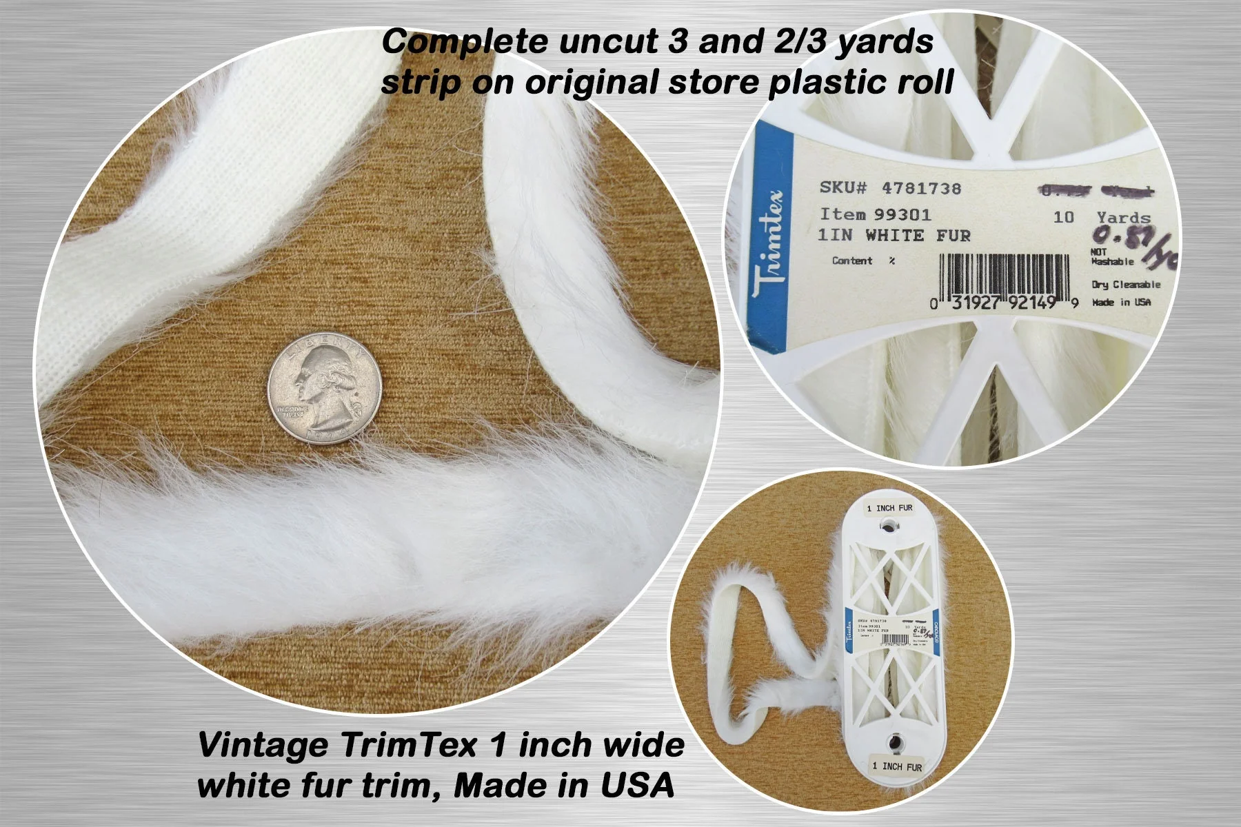 Vintage Trimtex 1 Wide White Fur Trim Complete Uncut 3 and 23 Yards Long Strip On Original Store Plastic Roll Dry Clean by Trimtex - Image 2
