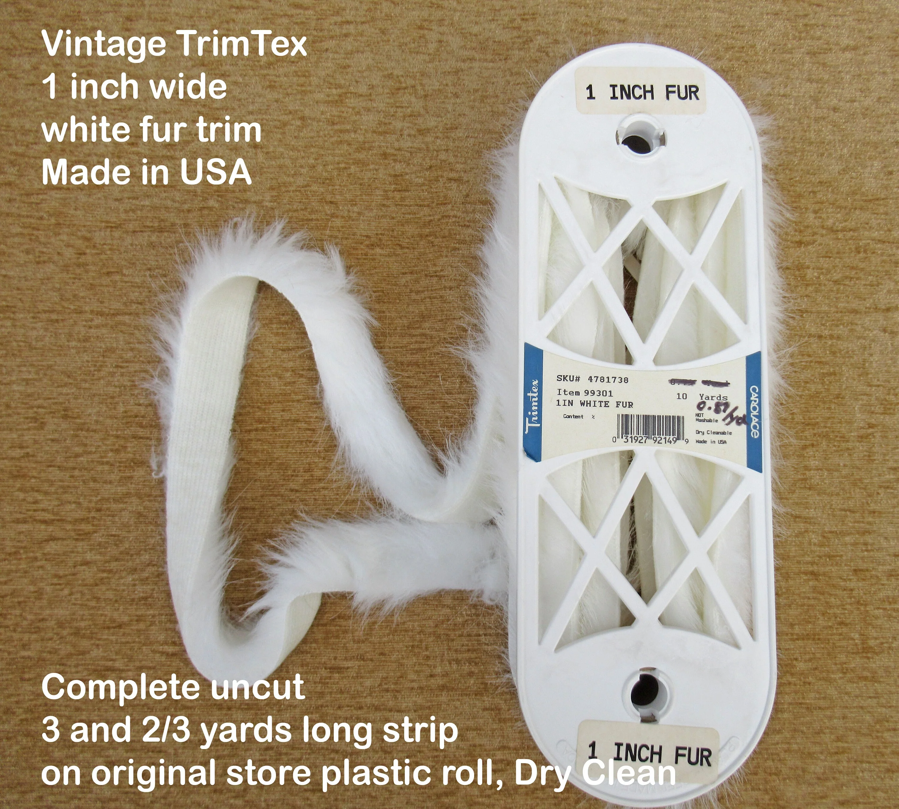 Vintage Trimtex 1 Wide White Fur Trim Complete Uncut 3 and 23 Yards Long Strip On Original Store Plastic Roll Dry Clean by Trimtex - Image 5