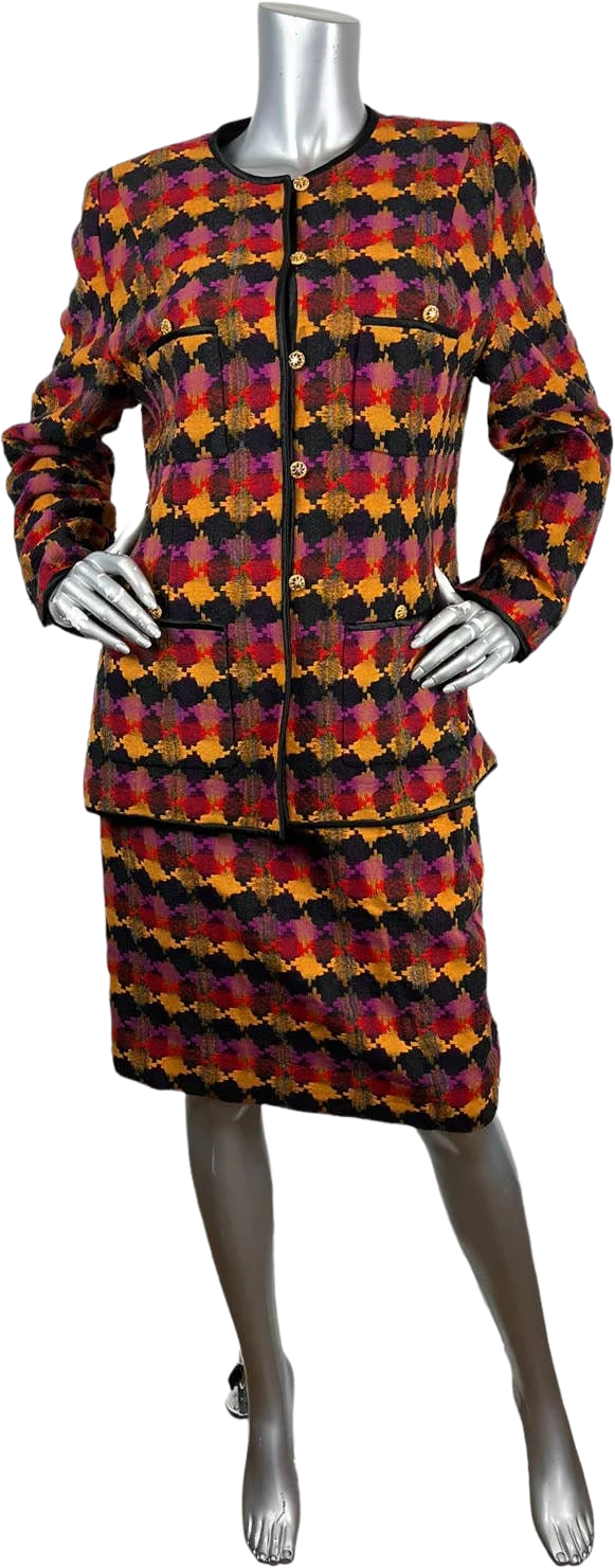 Vintage Tweed Wool and Silk 2-Pc Blazer Skirt Suit Diamond Print Sz 12 by Carlisle