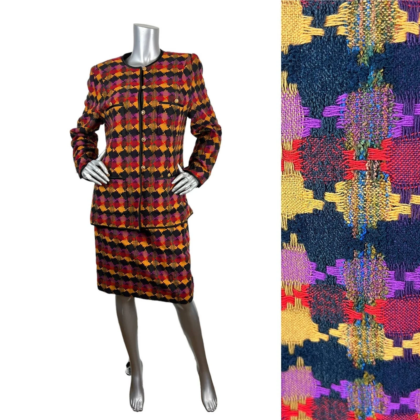 Vintage Tweed Wool and Silk 2-Pc Blazer Skirt Suit Diamond Print Sz 12 by Carlisle - Image 3
