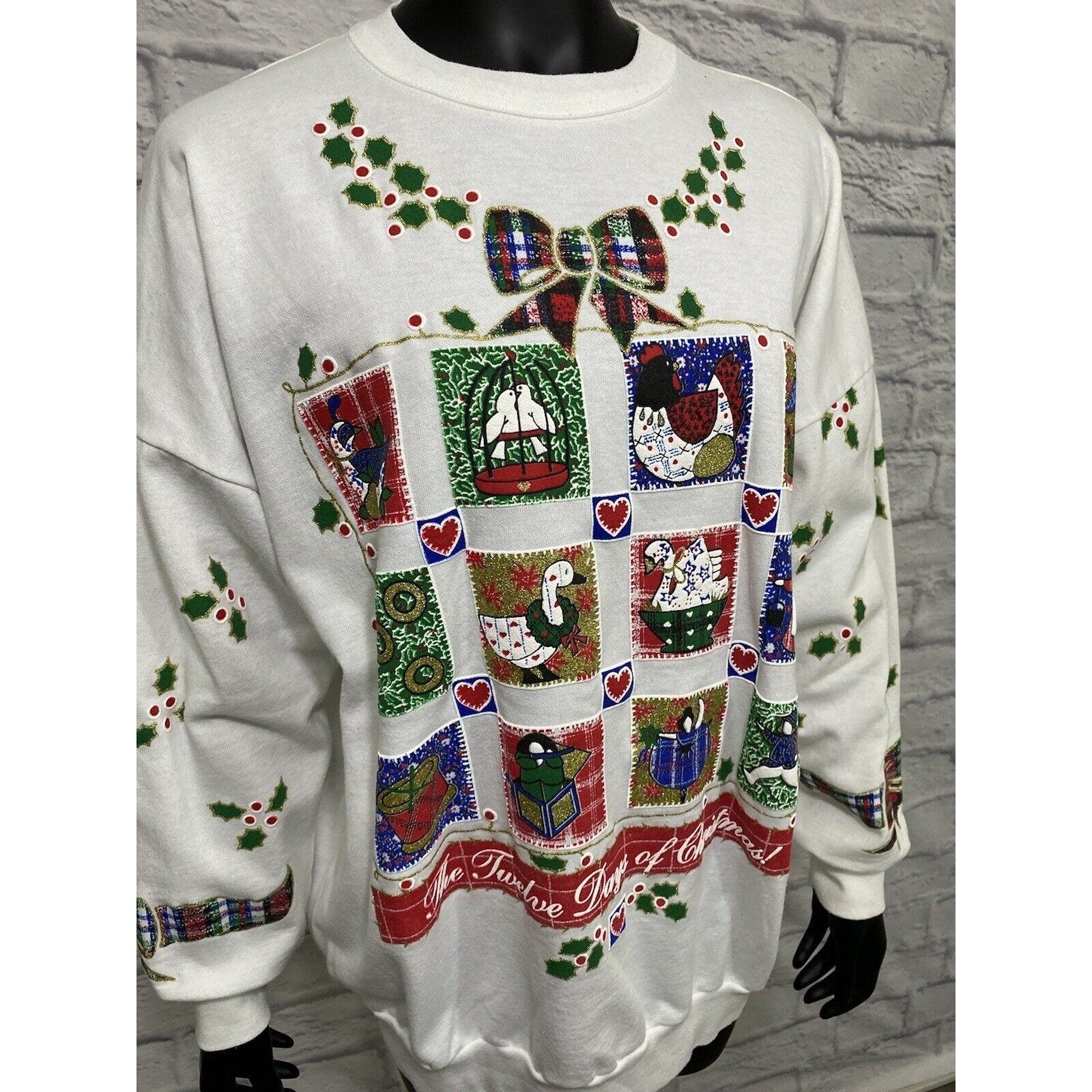 Vintage Ugly 12 Days of Christmas Sweatshirt Crewneck Puff Paint Glitter - Image 2