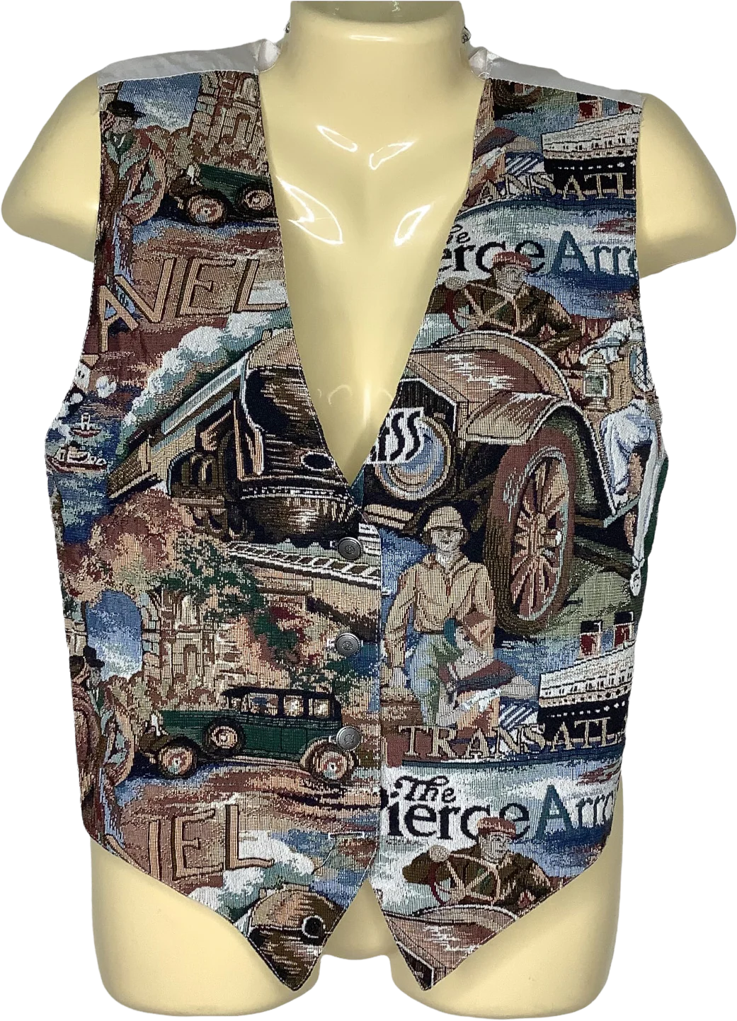 Vintage Vest Tapestry M Novelty Train Cars 40s Retro Transatlantic Travel Scenes