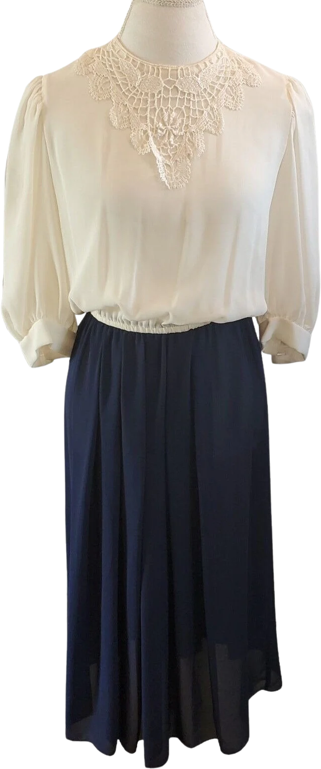 Vintage Victorian Sheer Crochet Collar Midi Dress Cream Navy Blue Sz Medium Flaw by REO Originals