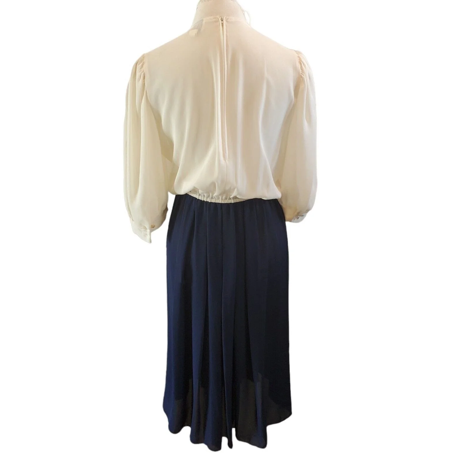 Vintage Victorian Sheer Crochet Collar Midi Dress Cream Navy Blue Sz Medium Flaw by REO Originals - Image 2