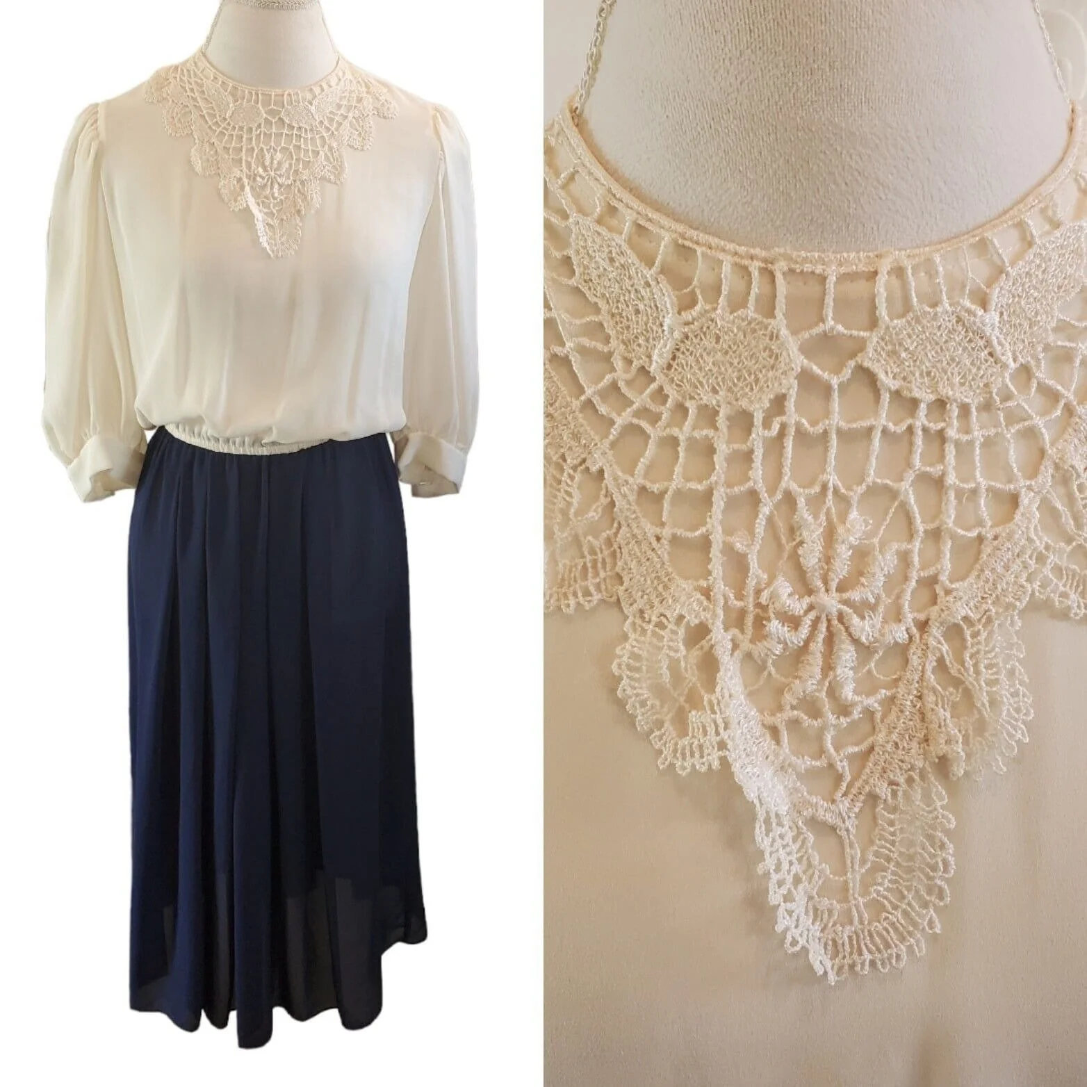 Vintage Victorian Sheer Crochet Collar Midi Dress Cream Navy Blue Sz Medium Flaw by REO Originals - Image 3