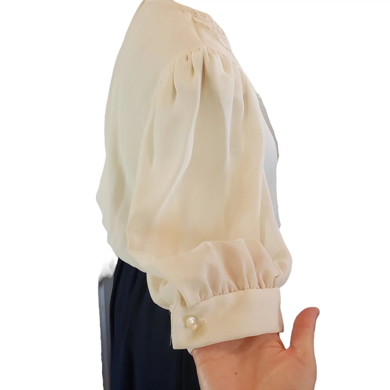 Vintage Victorian Sheer Crochet Collar Midi Dress Cream Navy Blue Sz Medium Flaw by REO Originals - Image 5