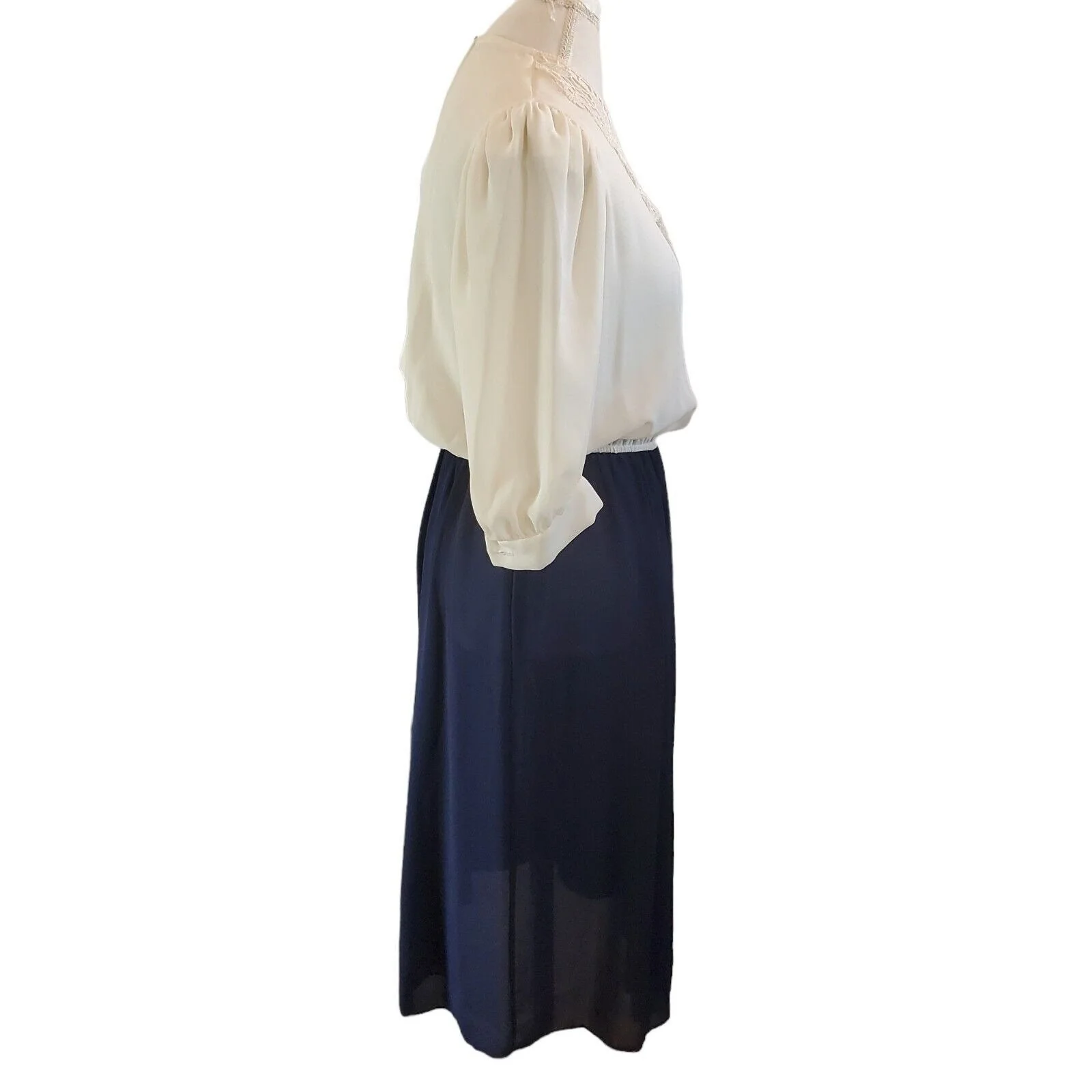 Vintage Victorian Sheer Crochet Collar Midi Dress Cream Navy Blue Sz Medium Flaw by REO Originals - Image 7