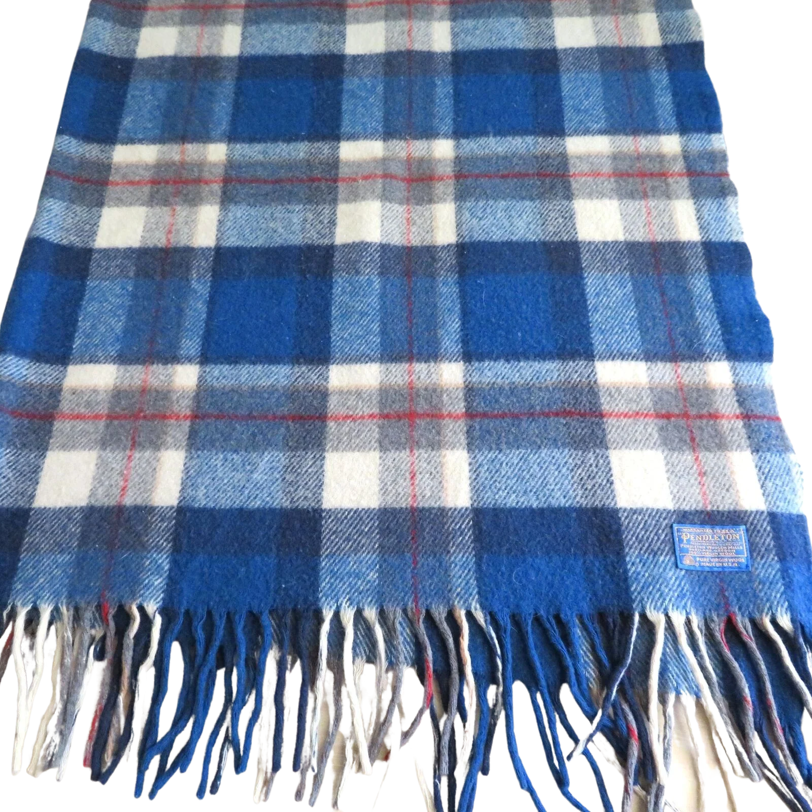 Vintage Virgin Wool Throw Blanket Fringe Tartan Plaid Blue Red White by Pendleton