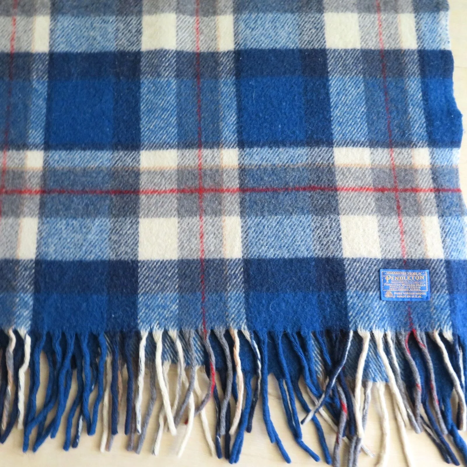 Vintage Virgin Wool Throw Blanket Fringe Tartan Plaid Blue Red White by Pendleton - Image 2