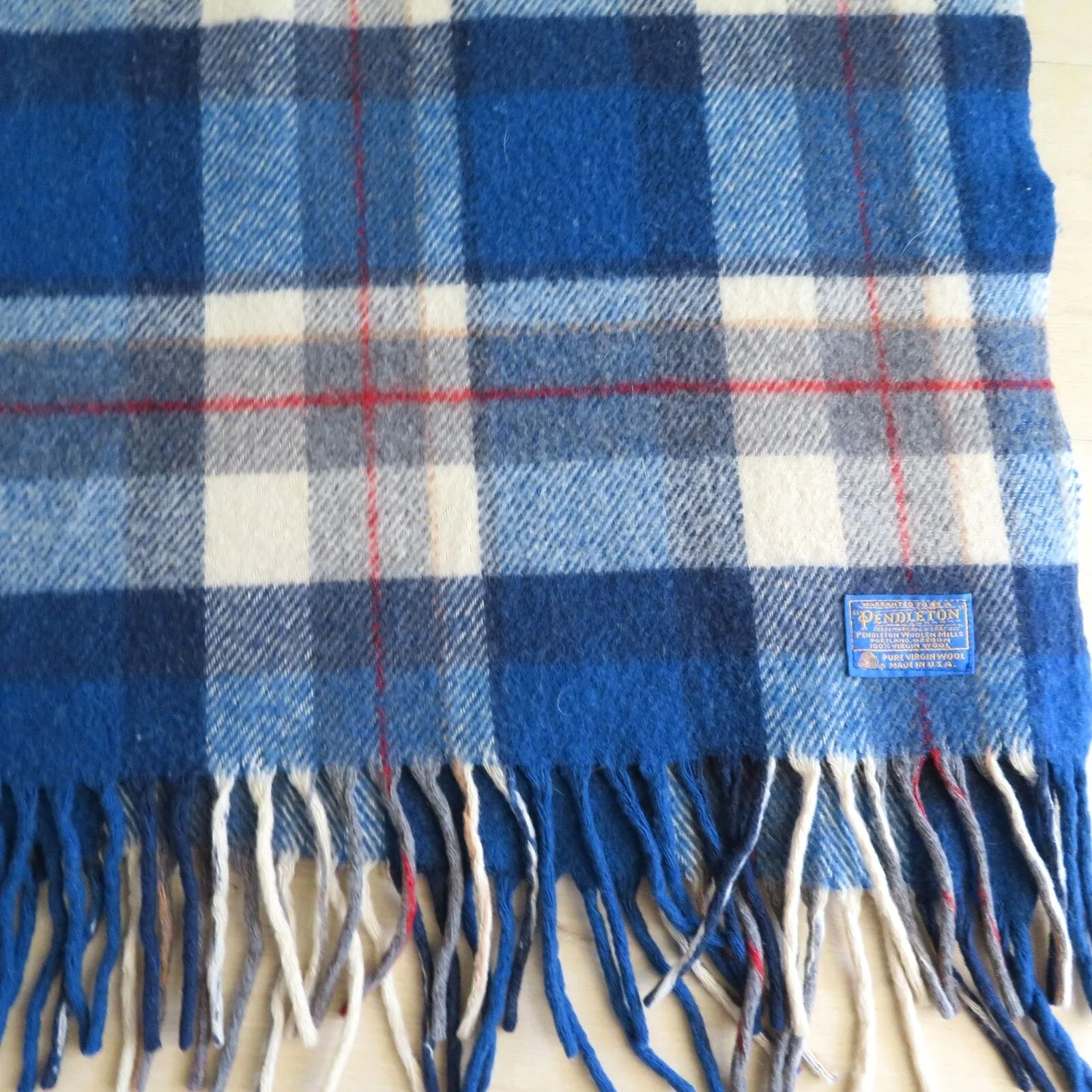 Vintage Virgin Wool Throw Blanket Fringe Tartan Plaid Blue Red White by Pendleton - Image 3