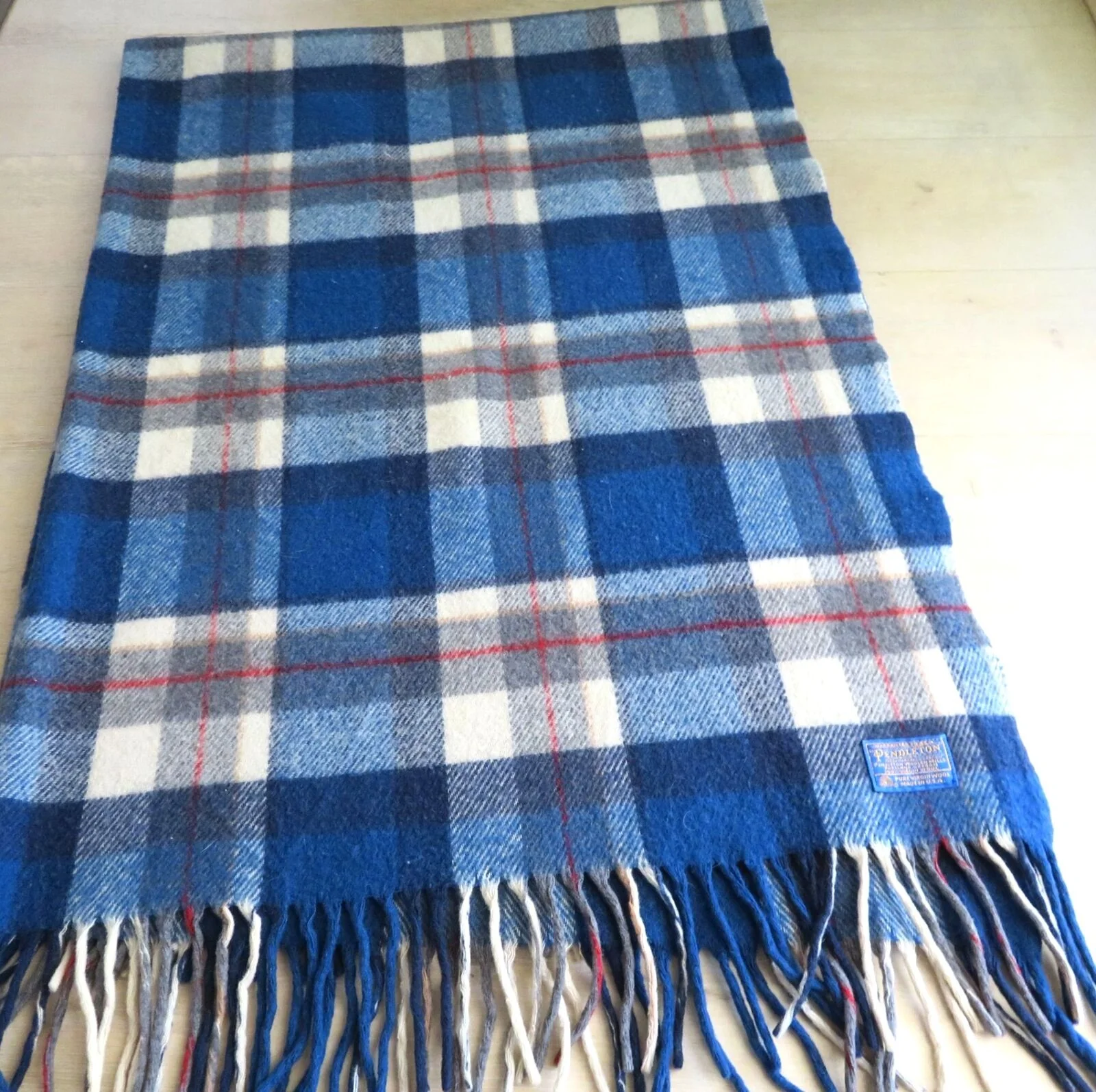 Vintage Virgin Wool Throw Blanket Fringe Tartan Plaid Blue Red White by Pendleton - Image 4