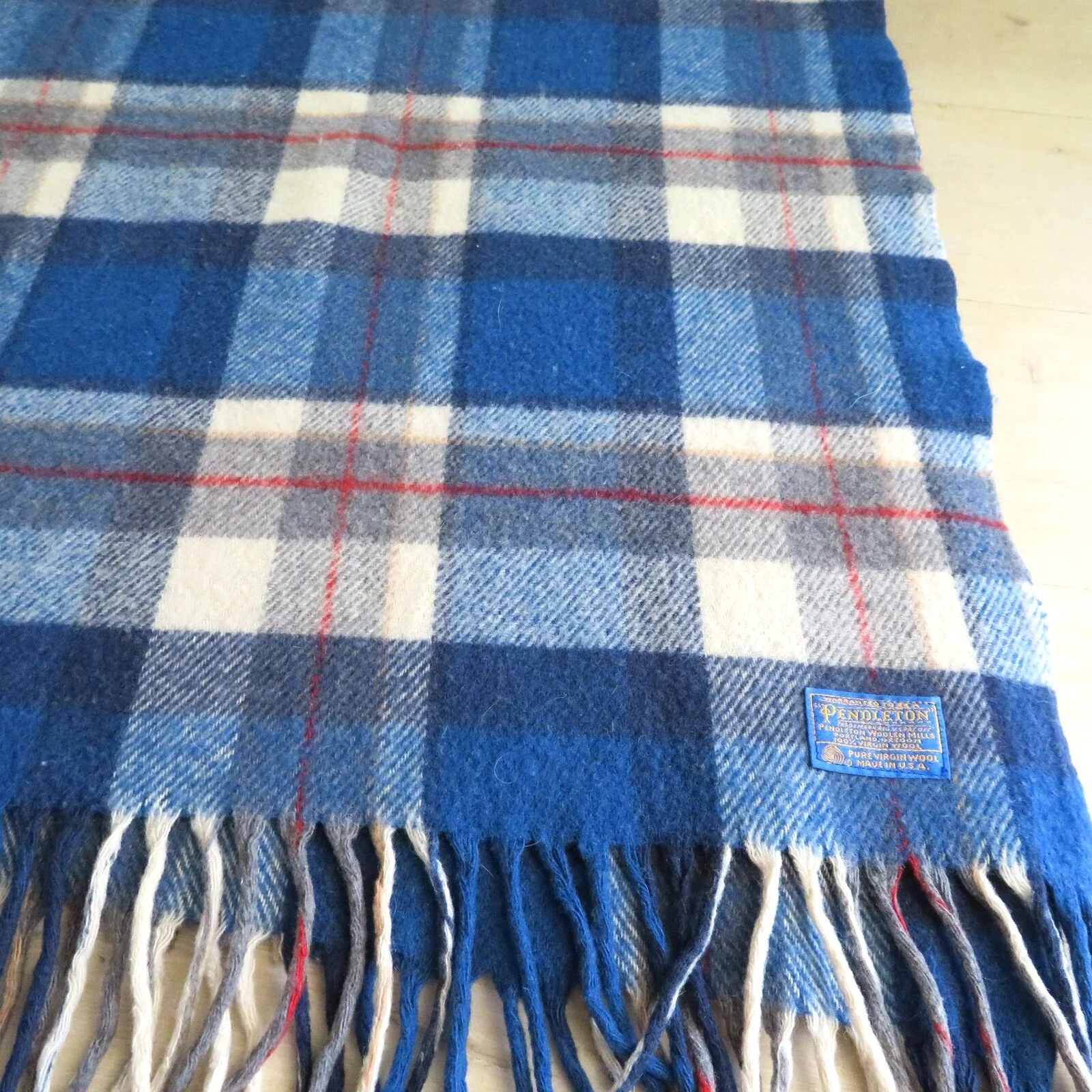 Vintage Virgin Wool Throw Blanket Fringe Tartan Plaid Blue Red White by Pendleton - Image 5